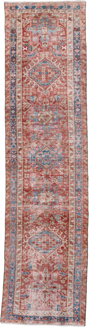 2' x 8' one-of-a-kind handmade vintage Karaje runner rug. Color palette: rust, ivory, sky blue, brick, coral, slate blue