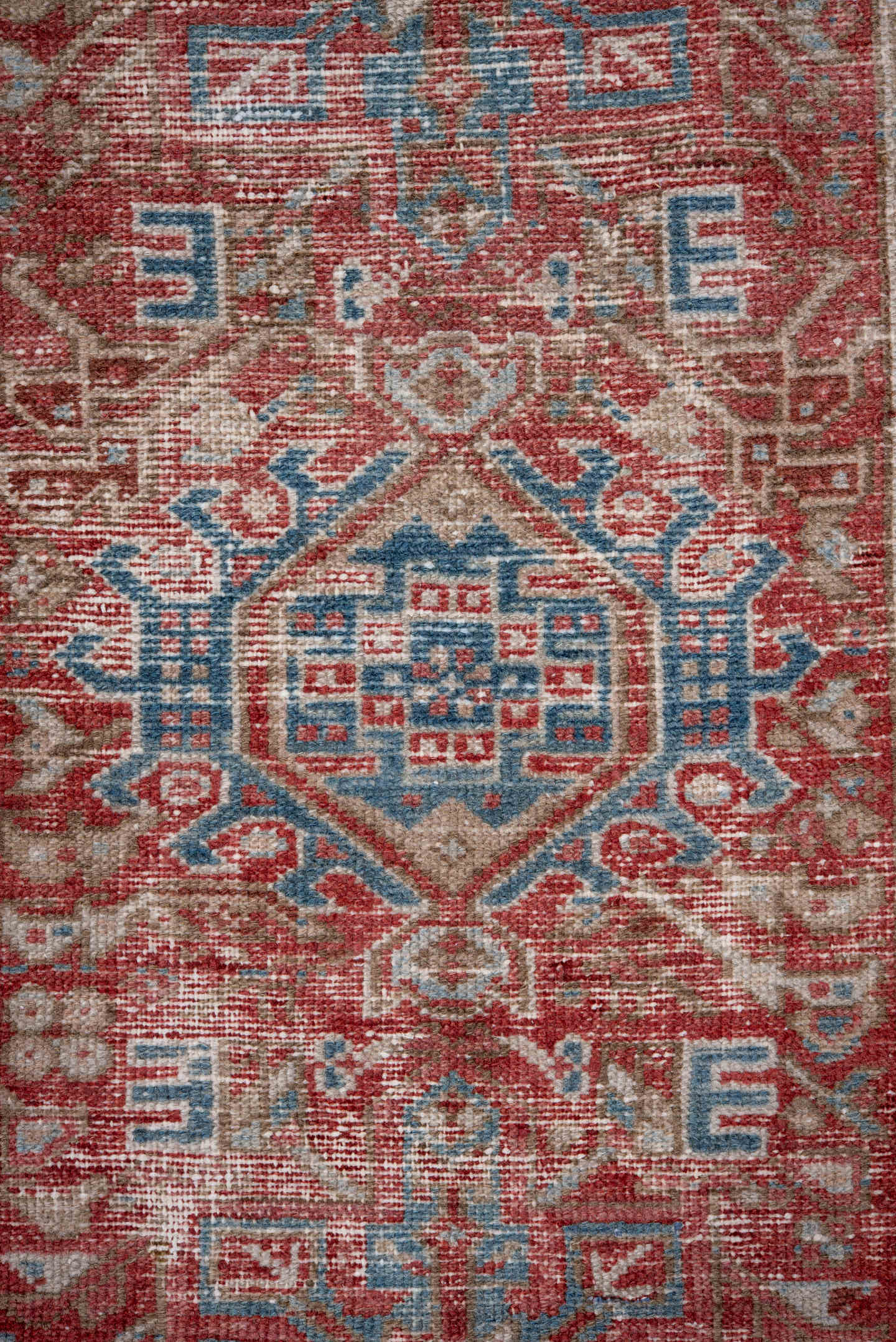 2' x 8' one-of-a-kind handmade vintage Karaje runner rug. Color palette: rust, ivory, sky blue, brick, coral, slate blue