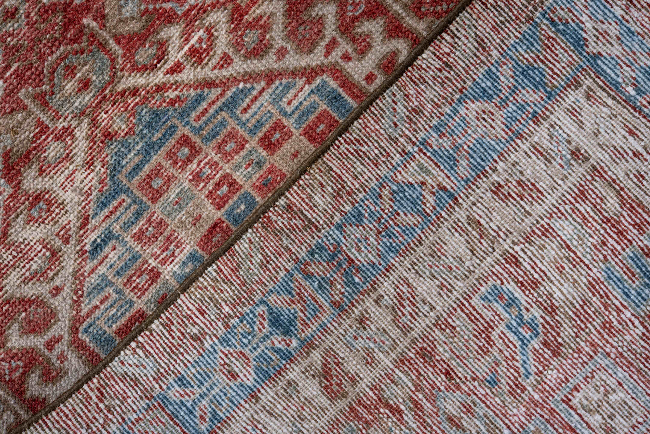 2' x 8' one-of-a-kind handmade vintage Karaje runner rug. Color palette: rust, ivory, sky blue, brick, coral, slate blue