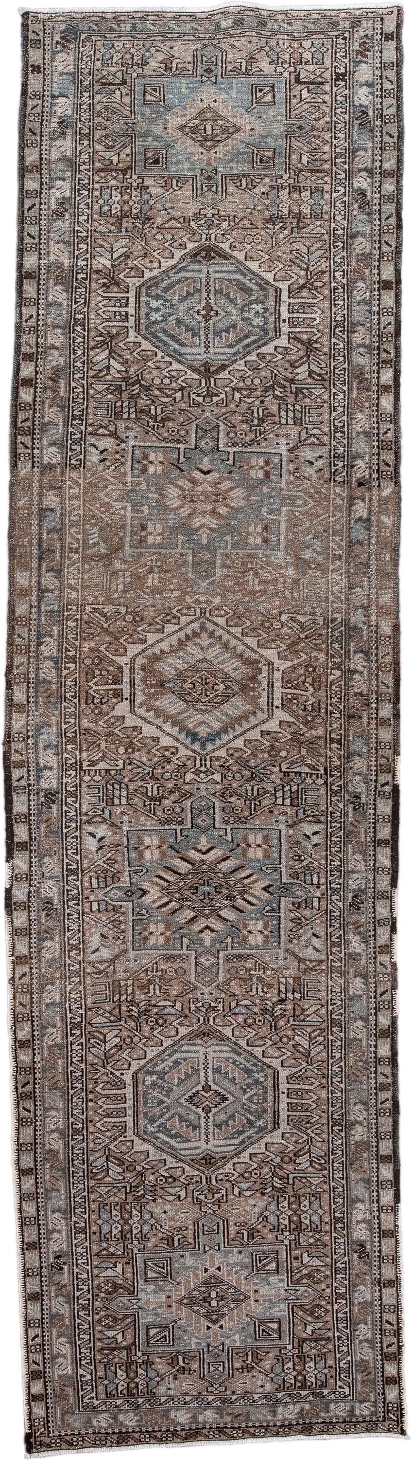 3' x 11' one-of-a-kind handmade antique Karaje runner rug. Color palette: taupe, brown, ivory, slate, camel, charcoal