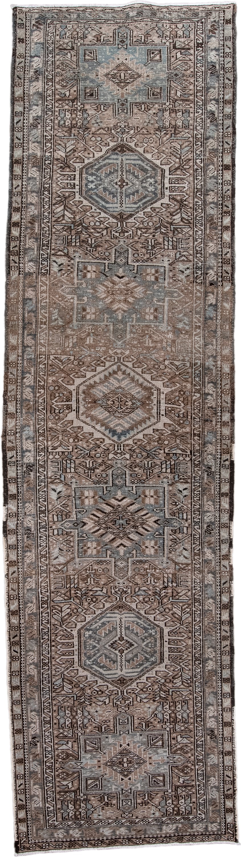 3' x 11' one-of-a-kind handmade antique Karaje runner rug. Color palette: taupe, brown, ivory, slate, camel, charcoal