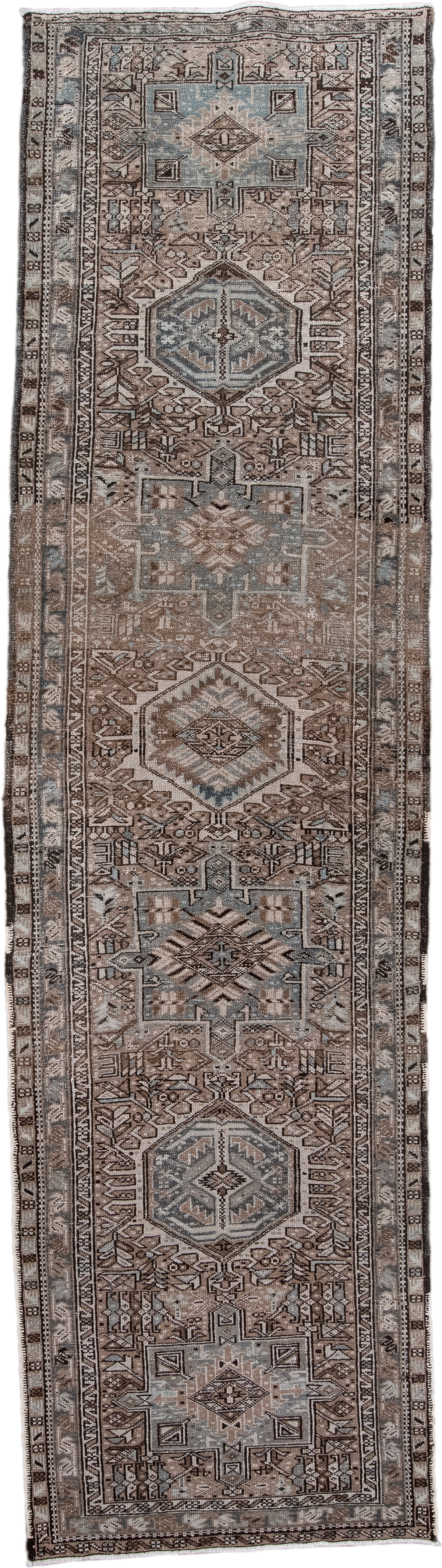 3' x 11' one-of-a-kind handmade antique Karaje runner rug. Color palette: taupe, brown, ivory, slate, camel, charcoal