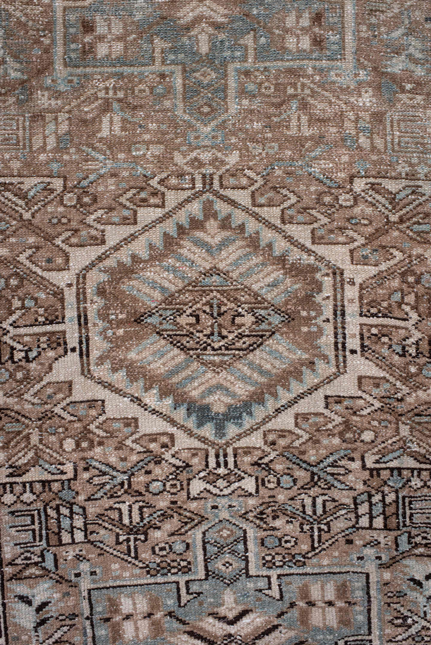 3' x 11' one-of-a-kind handmade antique Karaje runner rug. Color palette: taupe, brown, ivory, slate, camel, charcoal