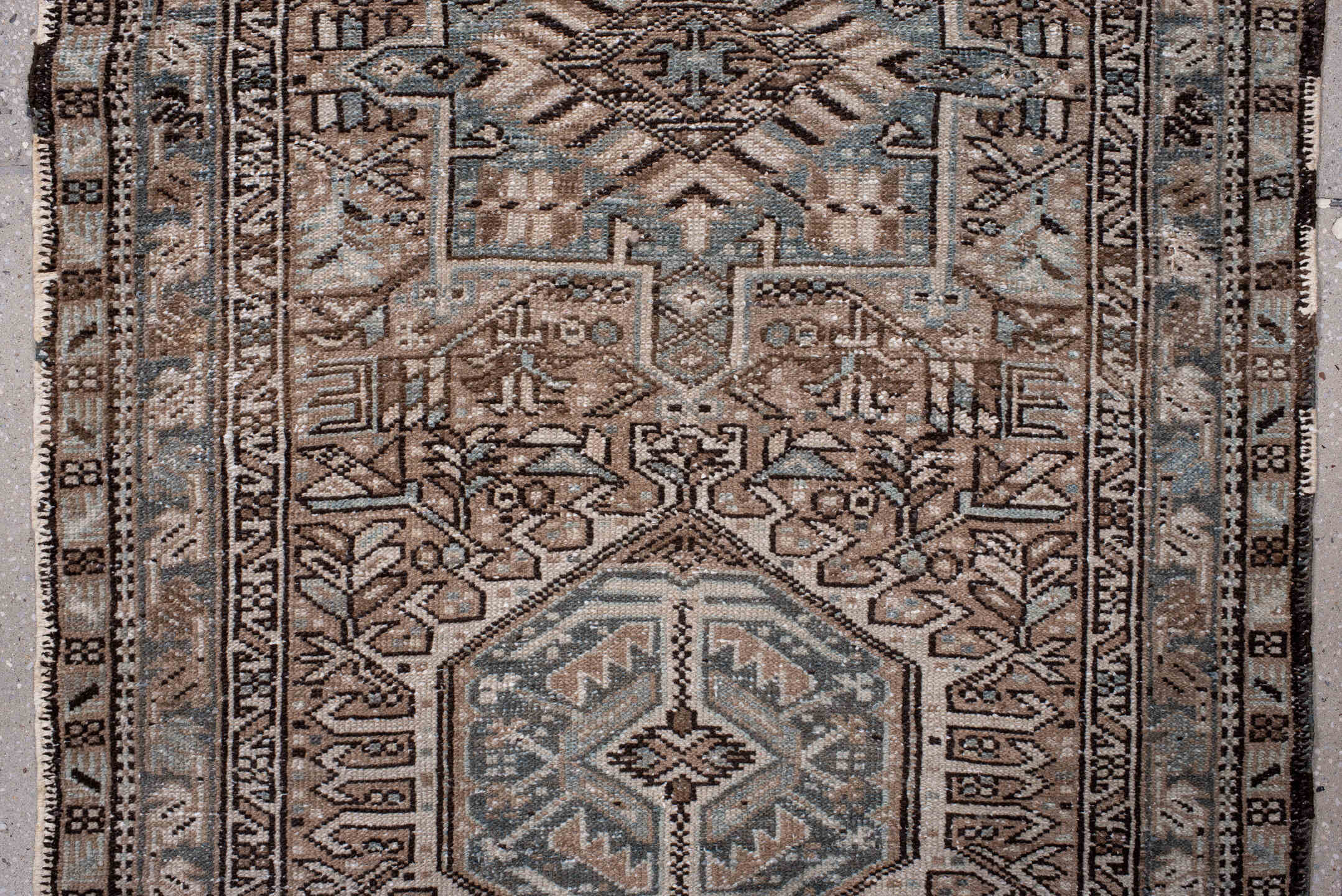 3' x 11' one-of-a-kind handmade vintage Karaje runner rug. Color palette: brown, dim gray, gray, light gray, off-white, pink