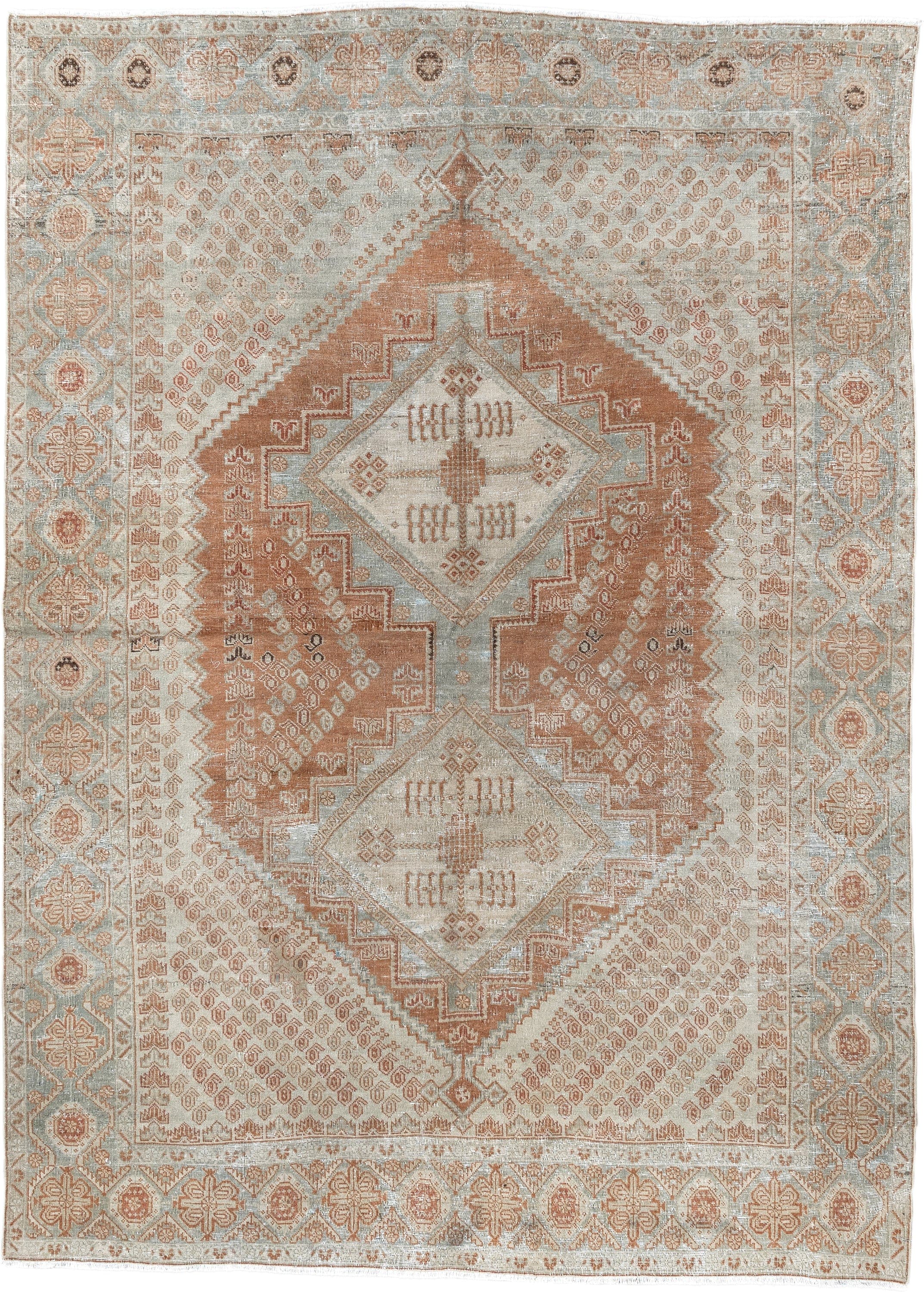 4' x 6' one-of-a-kind handmade vintage Afshar rug. Color palette: ivory, terra cotta, pale blue, taupe, camel, rust