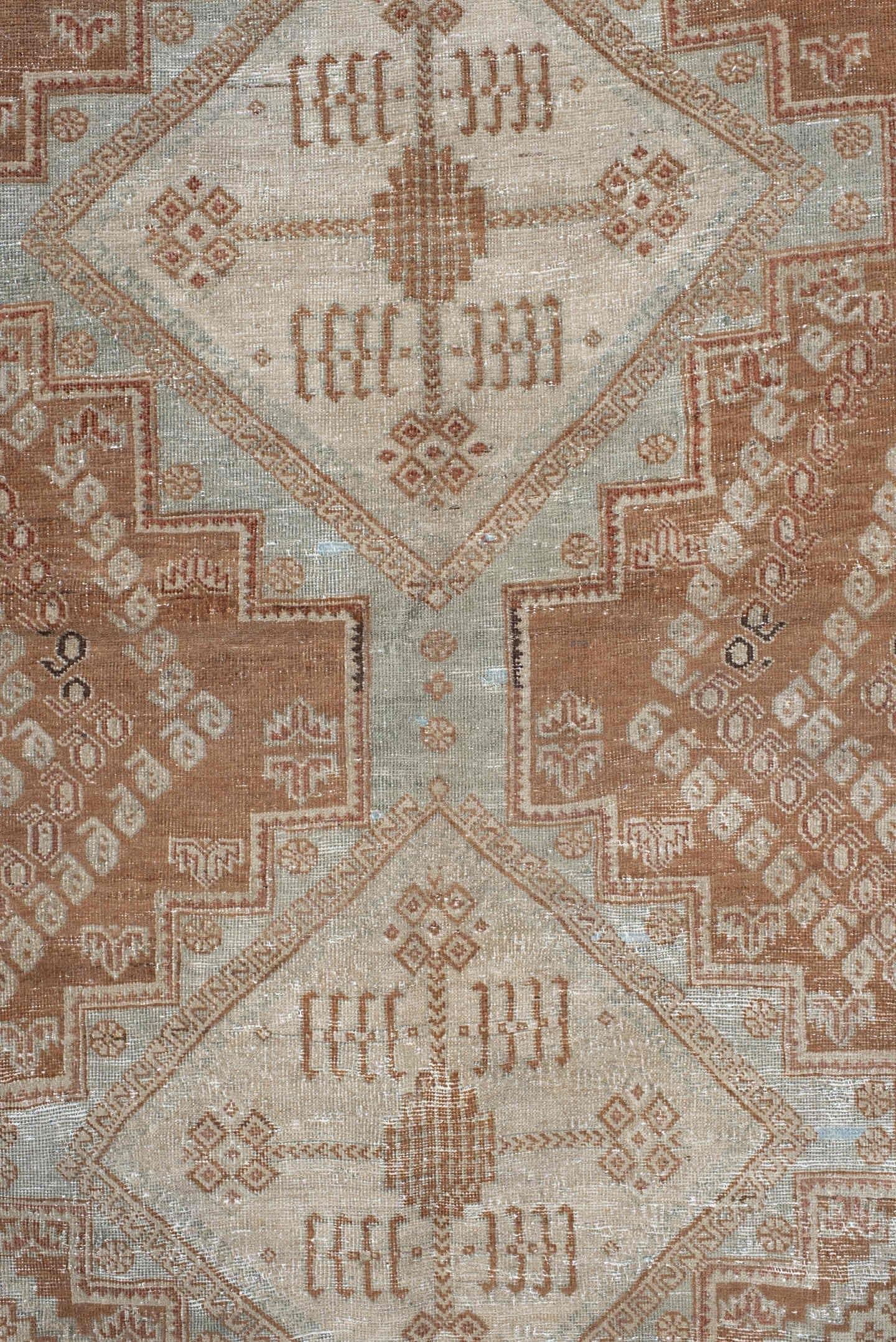4' x 6' one-of-a-kind handmade vintage Afshar rug. Color palette: ivory, terra cotta, pale blue, taupe, camel, rust