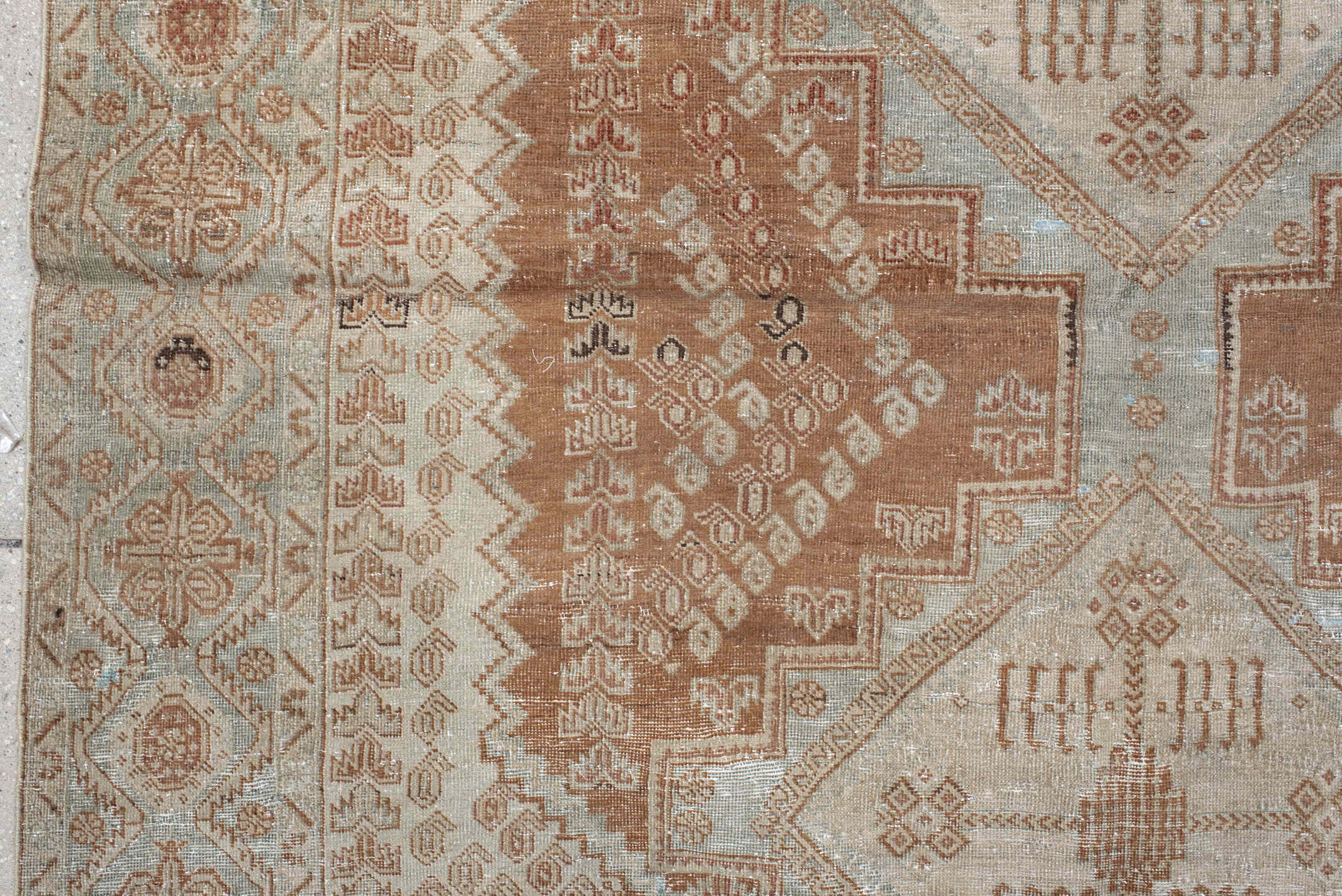 4' x 6' one-of-a-kind handmade vintage Afshar rug. Color palette: ivory, terra cotta, pale blue, taupe, camel, rust