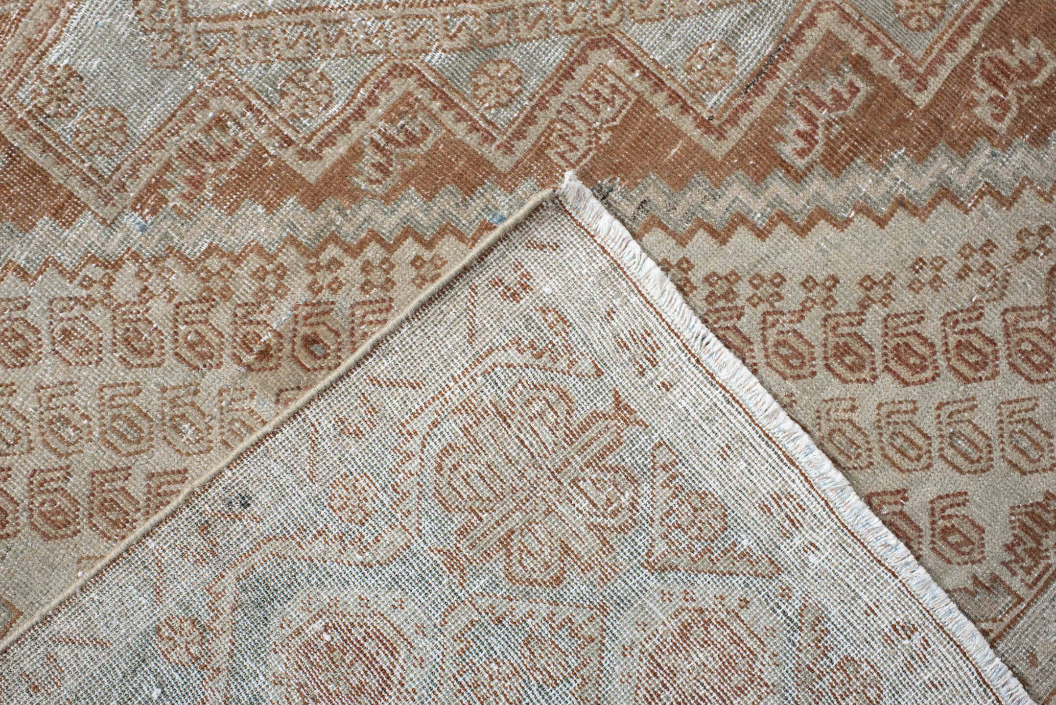 4' x 6' one-of-a-kind handmade vintage Afshar rug. Color palette: ivory, terra cotta, pale blue, taupe, camel, rust
