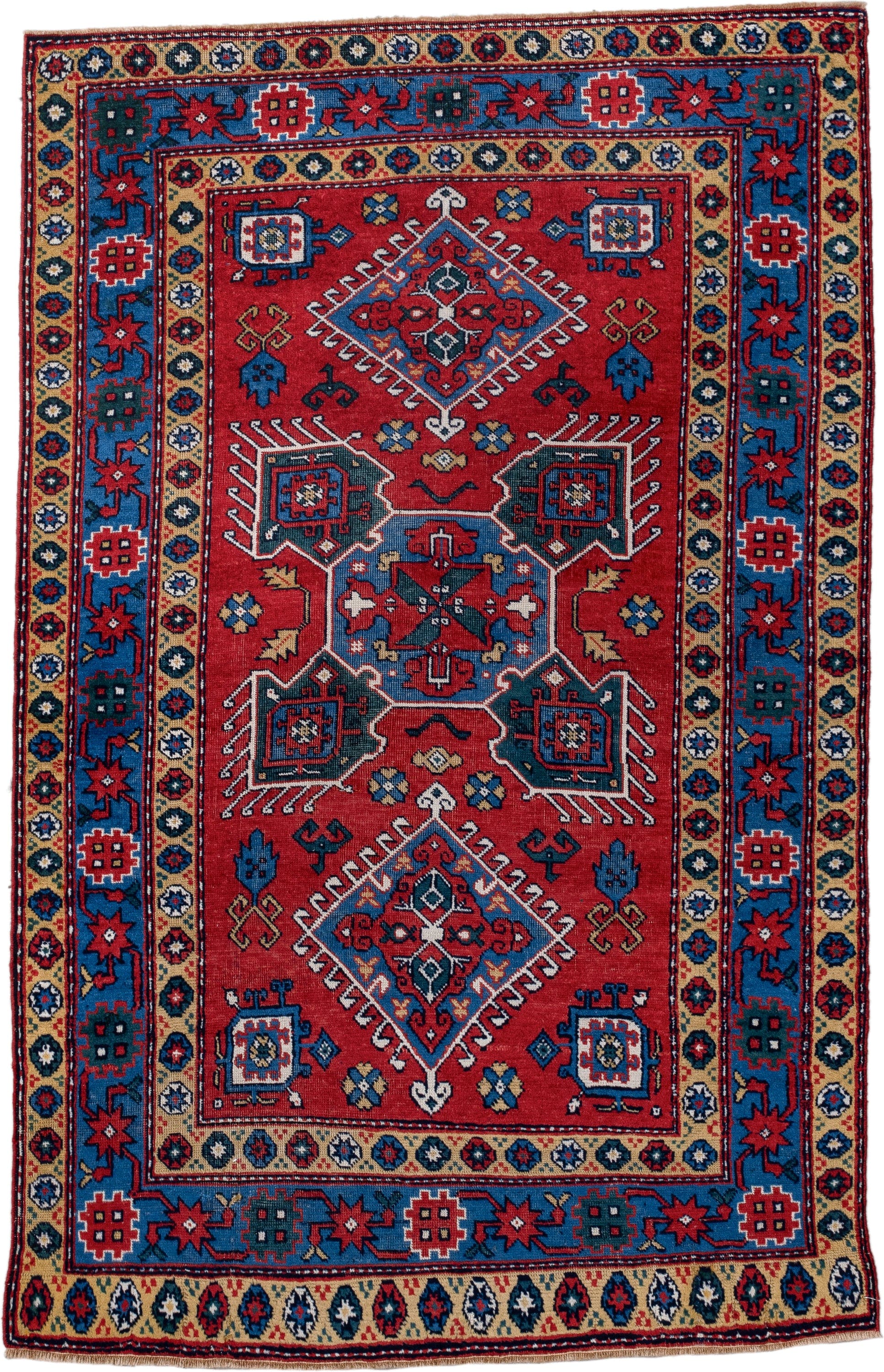 3' x 5' one-of-a-kind handmade vintage Caucasian small size rug. Color palette: red, blue, ivory, navy, teal, gold, crimson