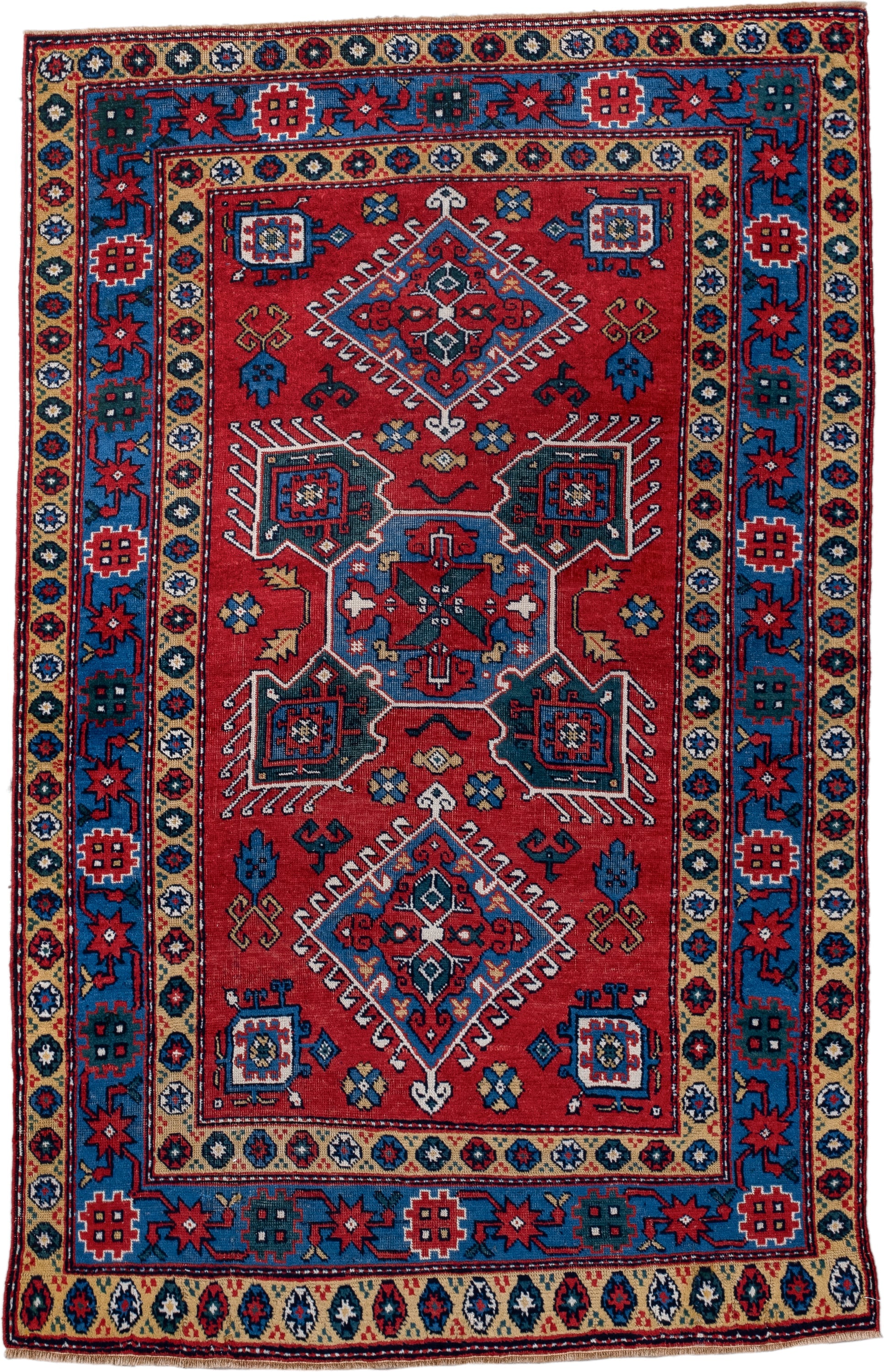 3' x 5' one-of-a-kind handmade vintage Caucasian small size rug. Color palette: red, blue, ivory, navy, teal, gold, crimson