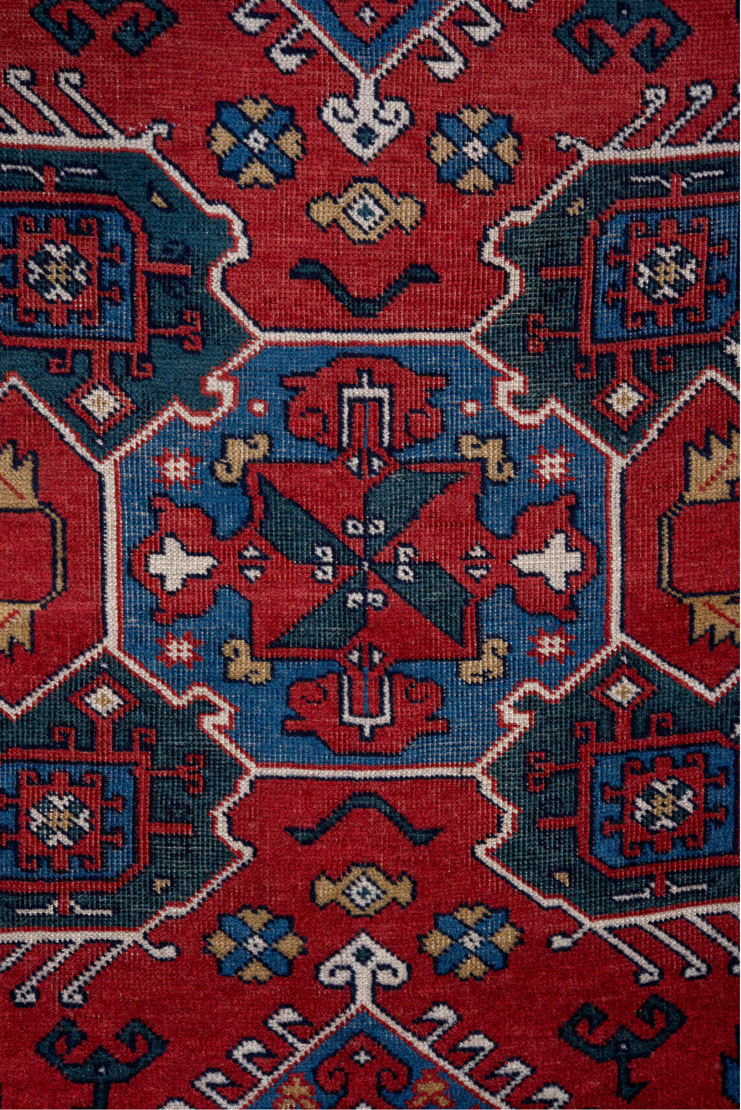 3' x 5' one-of-a-kind handmade vintage Caucasian small size rug. Color palette: blue, brown, dark gray, gray, light gray