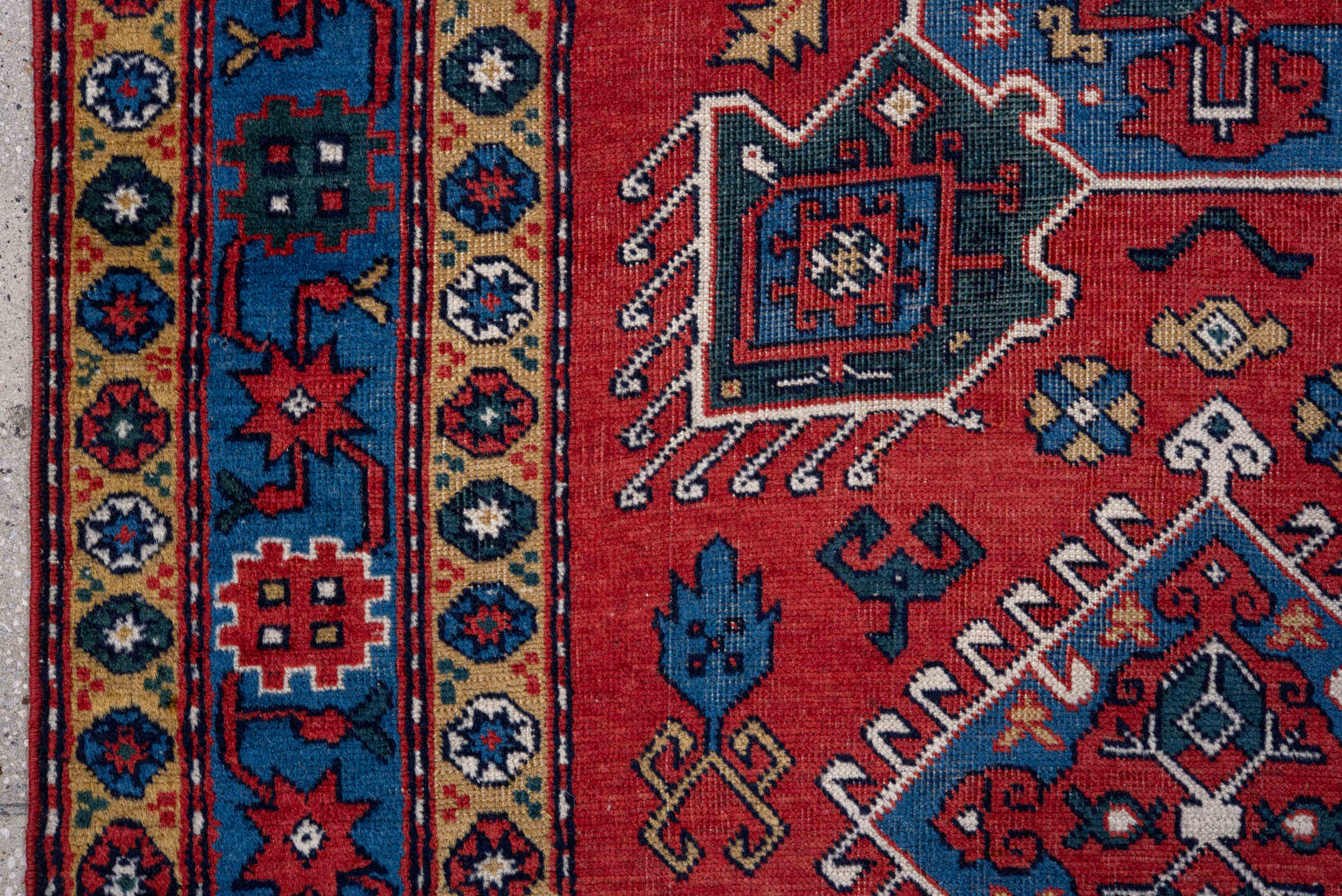 3' x 5' one-of-a-kind handmade vintage Caucasian small size rug. Color palette: red, blue, ivory, navy, teal, gold, crimson