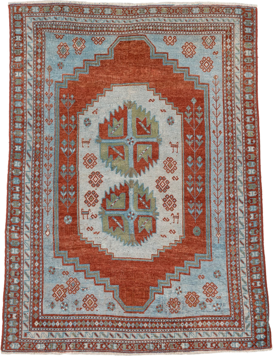 4' x 3' one-of-a-kind handmade antique Caucasian rug. Color palette: terracotta, sky blue, ivory, sage, rust, brown