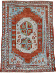 4' x 3' one-of-a-kind handmade antique Caucasian rug. Color palette: terracotta, sky blue, ivory, sage, rust, brown