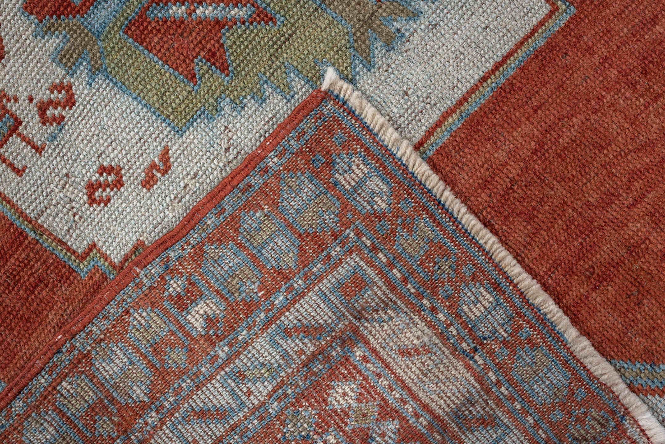 4' x 3' one-of-a-kind handmade antique Caucasian rug. Color palette: terracotta, sky blue, ivory, sage, rust, brown