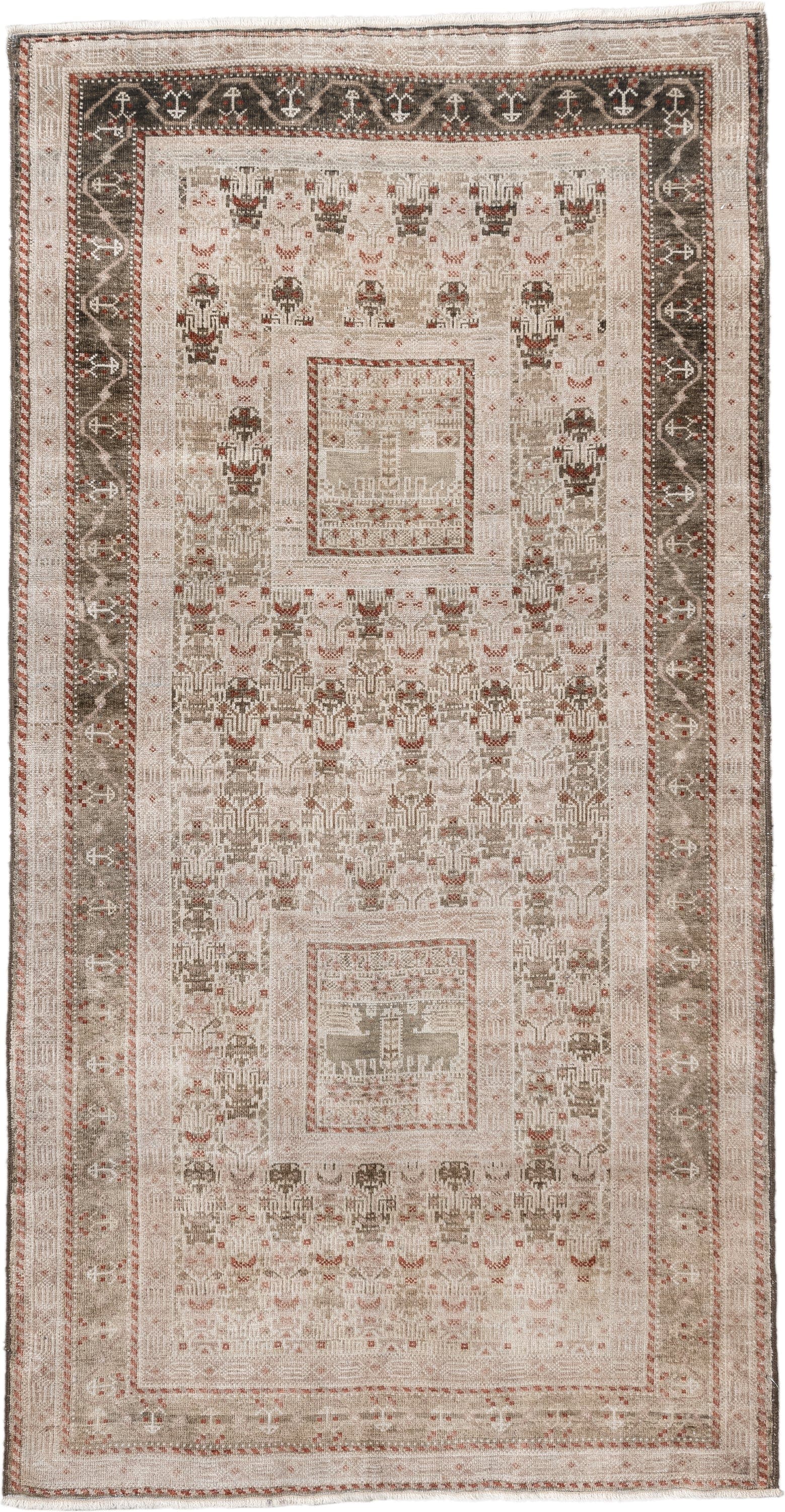 3' x 6' one-of-a-kind handmade vintage Belouch small size rug. Color palette: ivory, taupe, brown, rust, camel, beige, gray