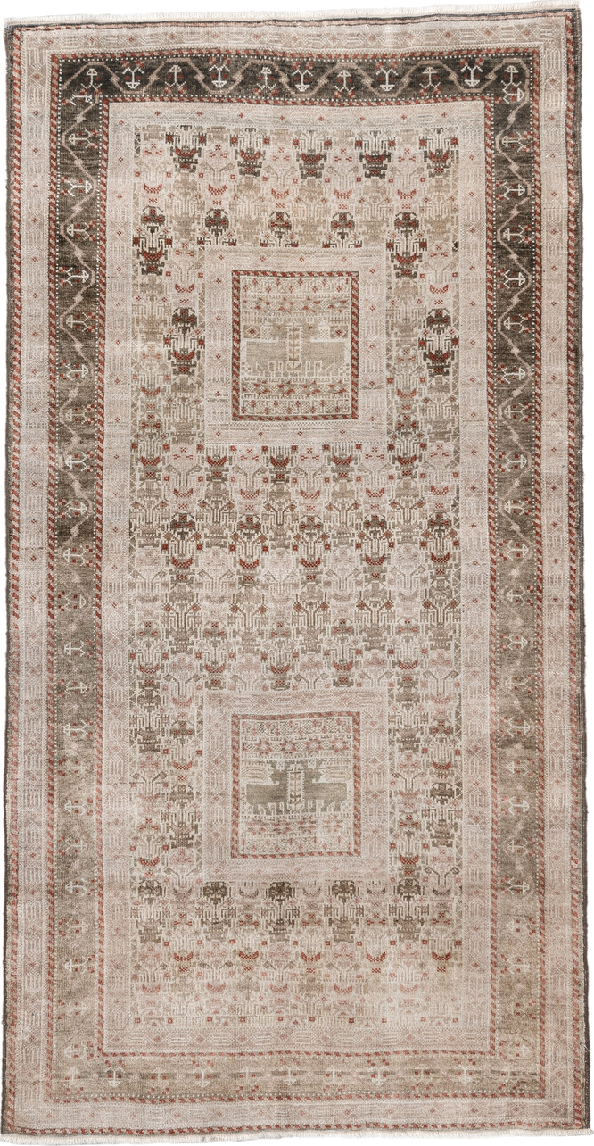 3' x 6' one-of-a-kind handmade vintage Belouch small size rug. Color palette: black, brown, gray, light gray, off-white
