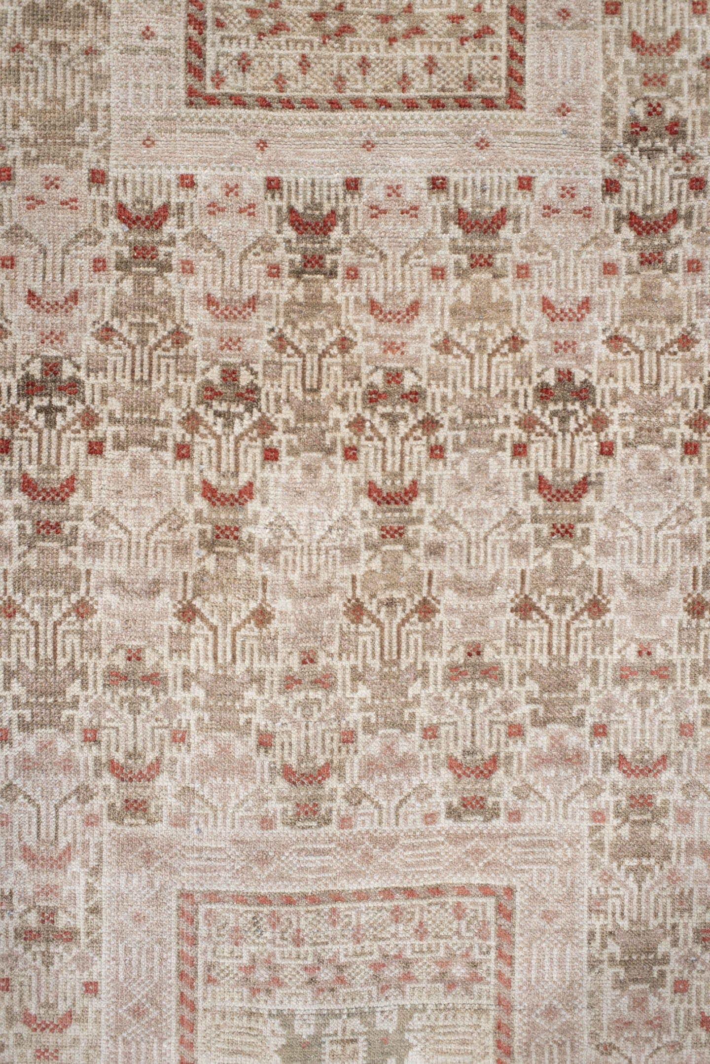 3' x 6' one-of-a-kind handmade vintage Belouch small size rug. Color palette: ivory, taupe, brown, rust, camel, beige, gray