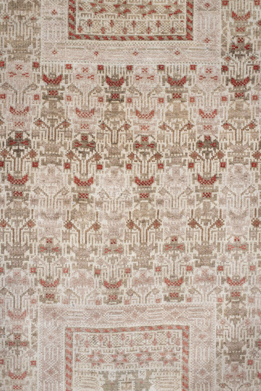 3' x 6' one-of-a-kind handmade vintage Belouch small size rug. Color palette: ivory, taupe, brown, rust, camel, beige, gray