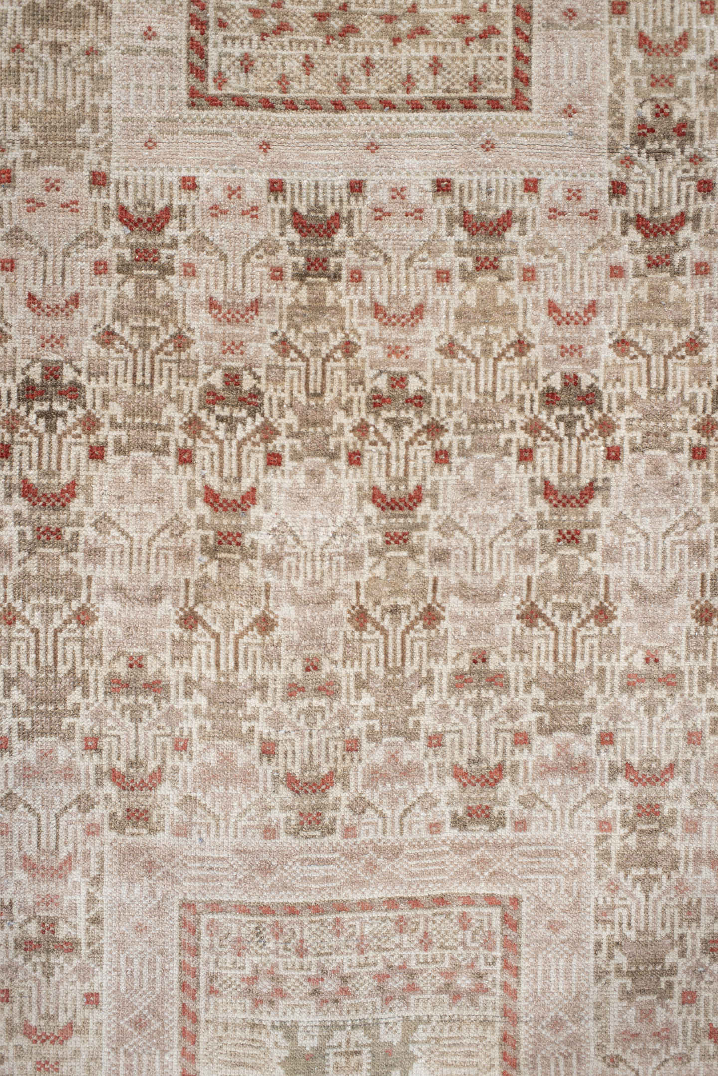 3' x 6' one-of-a-kind handmade vintage Belouch small size rug. Color palette: ivory, taupe, brown, rust, camel, beige, gray