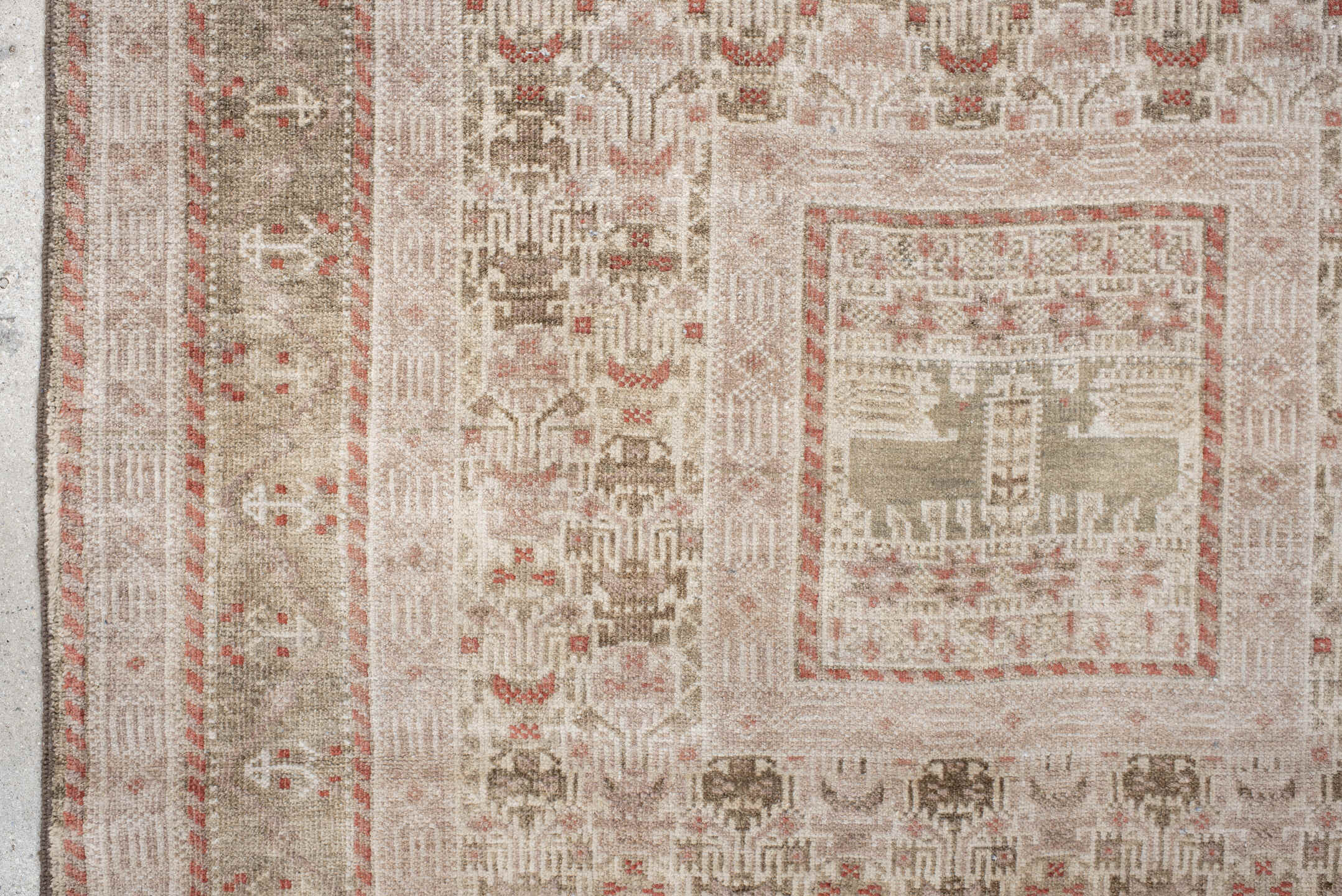 3' x 6' one-of-a-kind handmade vintage Belouch small size rug. Color palette: ivory, taupe, brown, rust, camel, beige, gray