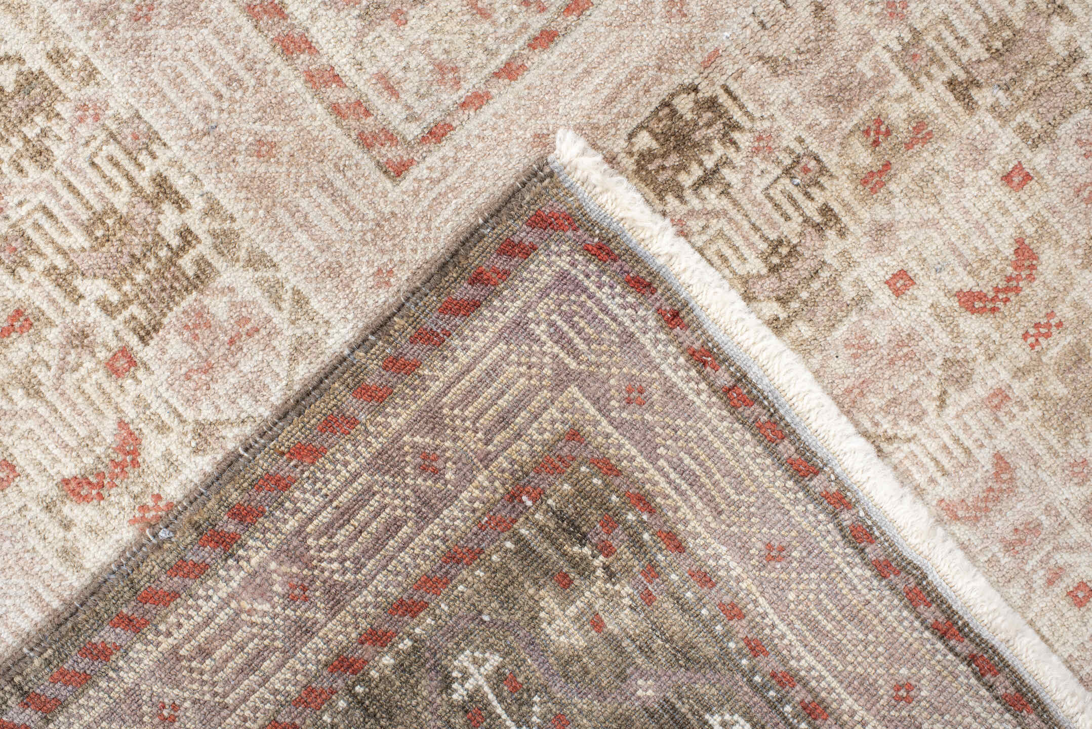 3' x 6' one-of-a-kind handmade vintage Belouch small size rug. Color palette: ivory, taupe, brown, rust, camel, beige, gray