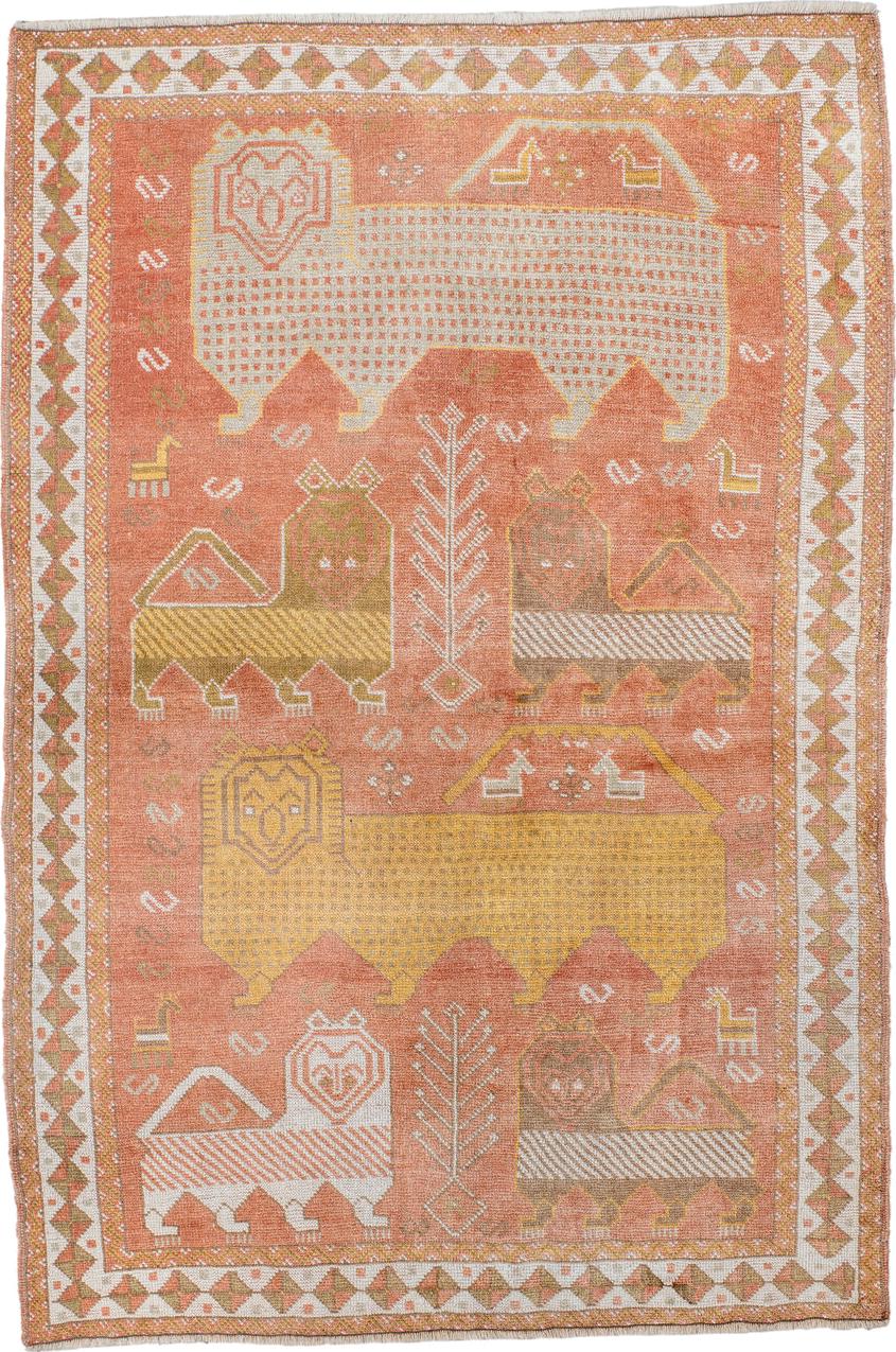 4' x 6' one-of-a-kind handmade antique Gabbe small size rug. Color palette: terra cotta, ivory, gold, camel, olive, taupe