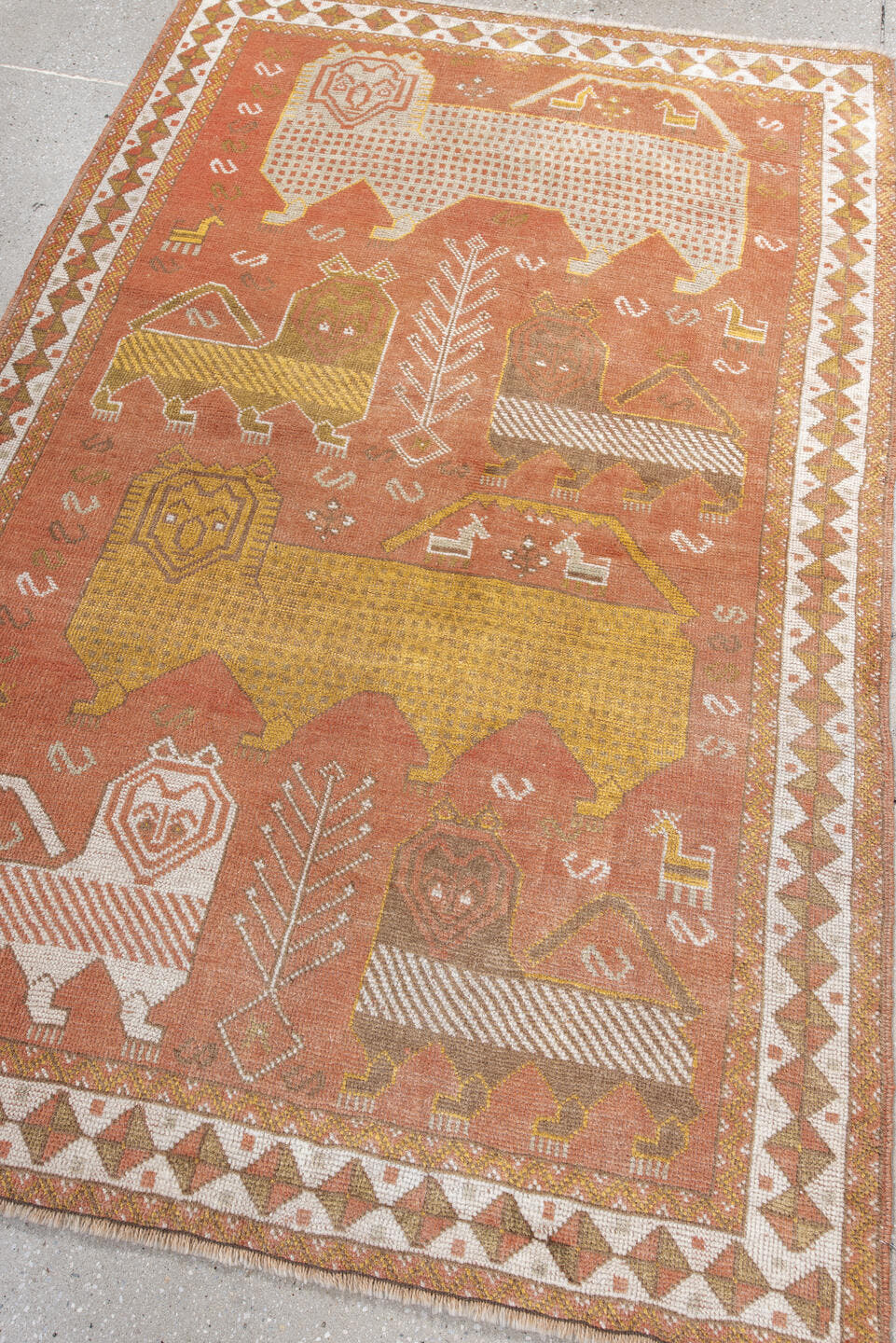 4' x 6' one-of-a-kind handmade antique Gabbe small size rug. Color palette: terra cotta, ivory, gold, camel, olive, taupe