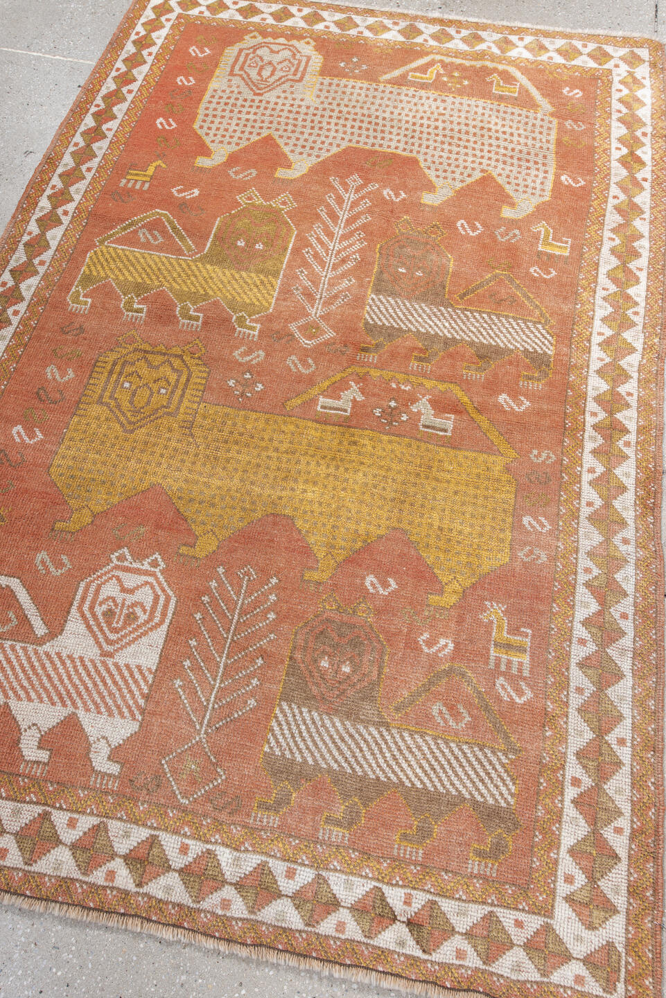 4' x 6' one-of-a-kind handmade vintage Gabbe small size rug. Color palette: brown, gray, light gray, off-white, orange, pink