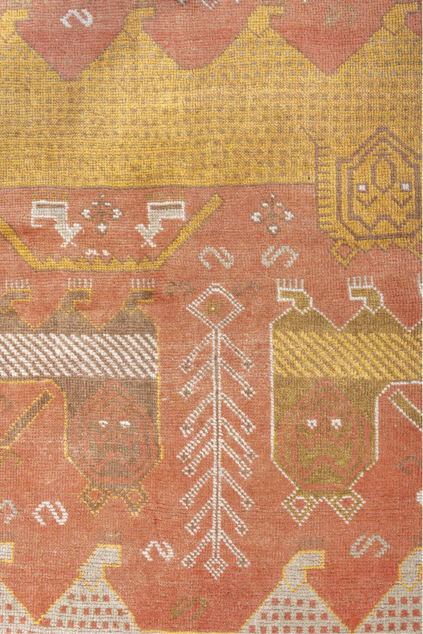 4' x 6' one-of-a-kind handmade antique Gabbe small size rug. Color palette: terra cotta, ivory, gold, camel, olive, taupe