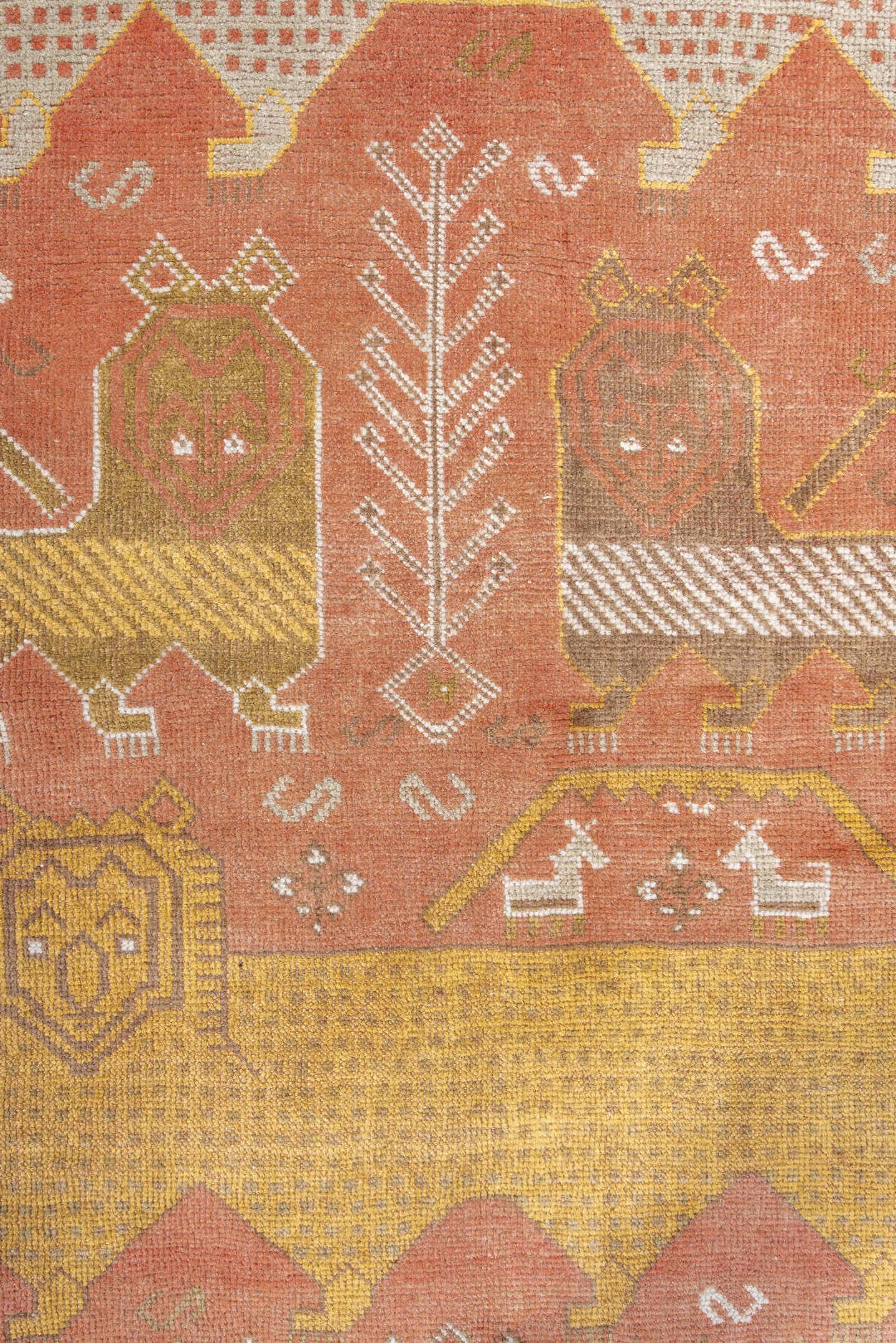 4' x 6' one-of-a-kind handmade antique Gabbe small size rug. Color palette: terra cotta, ivory, gold, camel, olive, taupe