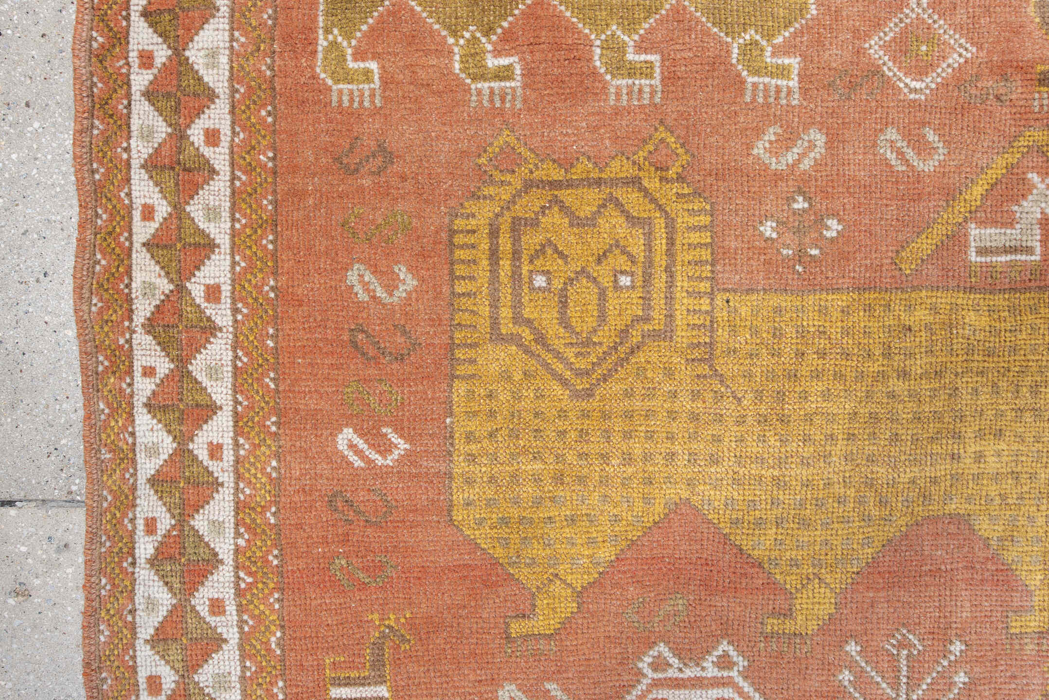 4' x 6' one-of-a-kind handmade antique Gabbe small size rug. Color palette: terra cotta, ivory, gold, camel, olive, taupe