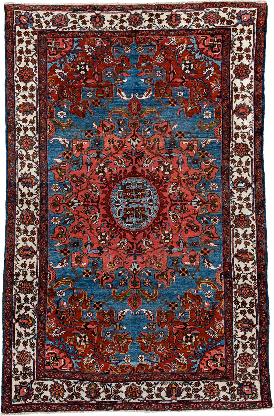 4' x 6' one-of-a-kind handmade antique Malayer small size rug. Color palette: sky blue, rust, ivory, rose, navy, burgundy
