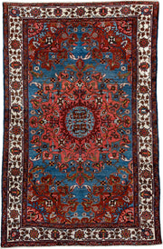4' x 6' one-of-a-kind handmade antique Malayer small size rug. Color palette: sky blue, rust, ivory, rose, navy, burgundy