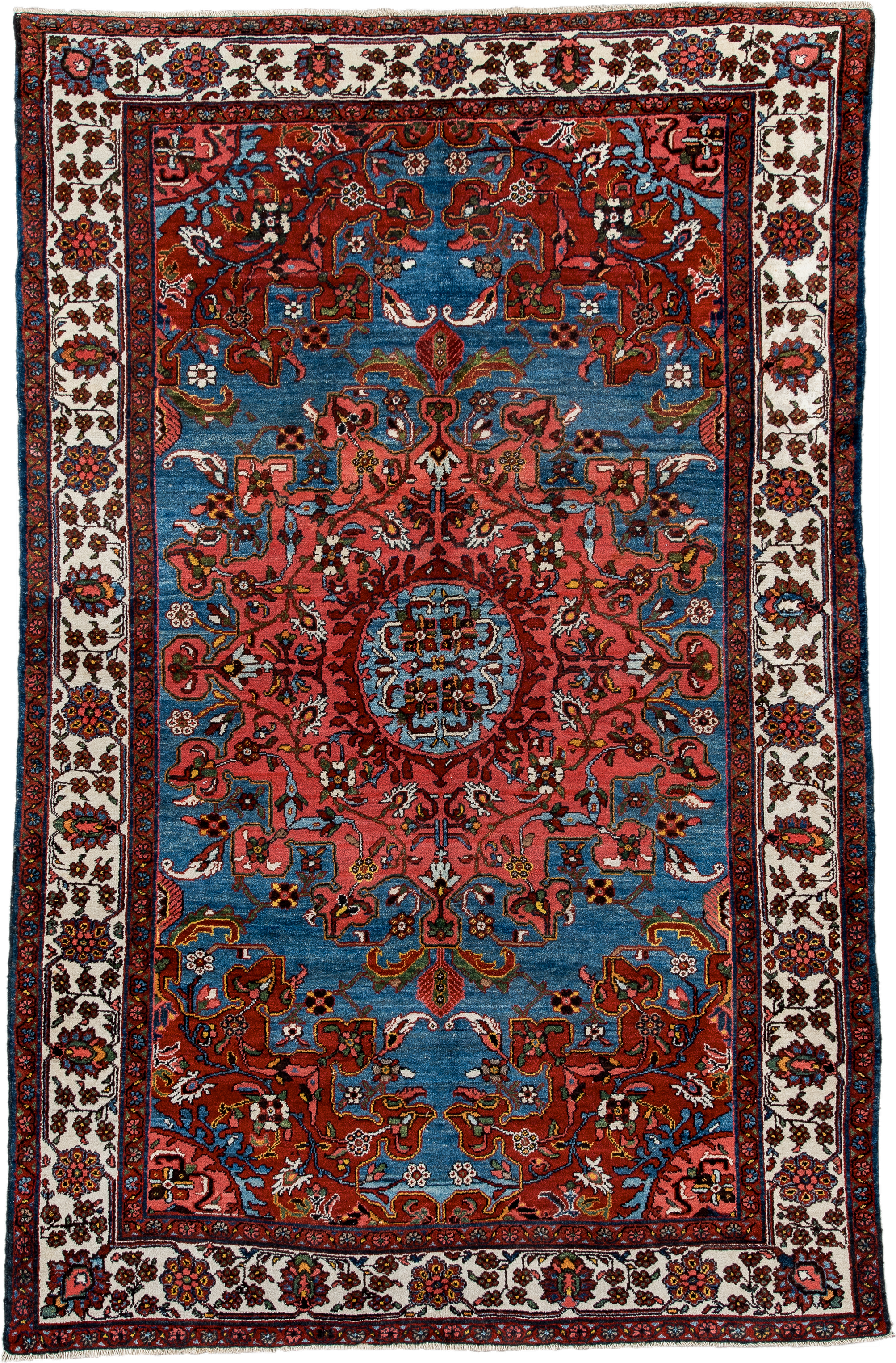 4' x 6' one-of-a-kind handmade antique Malayer small size rug. Color palette: sky blue, rust, ivory, rose, navy, burgundy