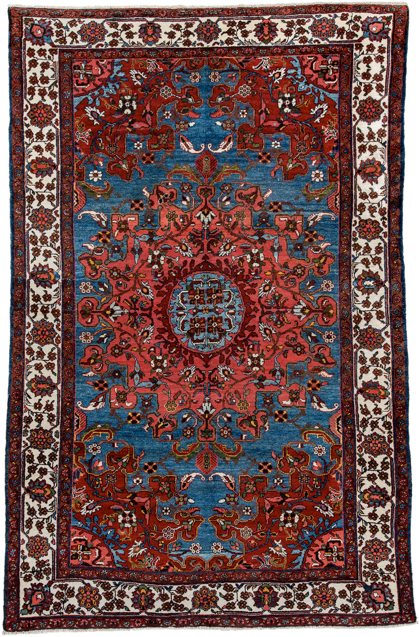 4' x 6' one-of-a-kind handmade antique Malayer small size rug. Color palette: sky blue, rust, ivory, rose, navy, burgundy