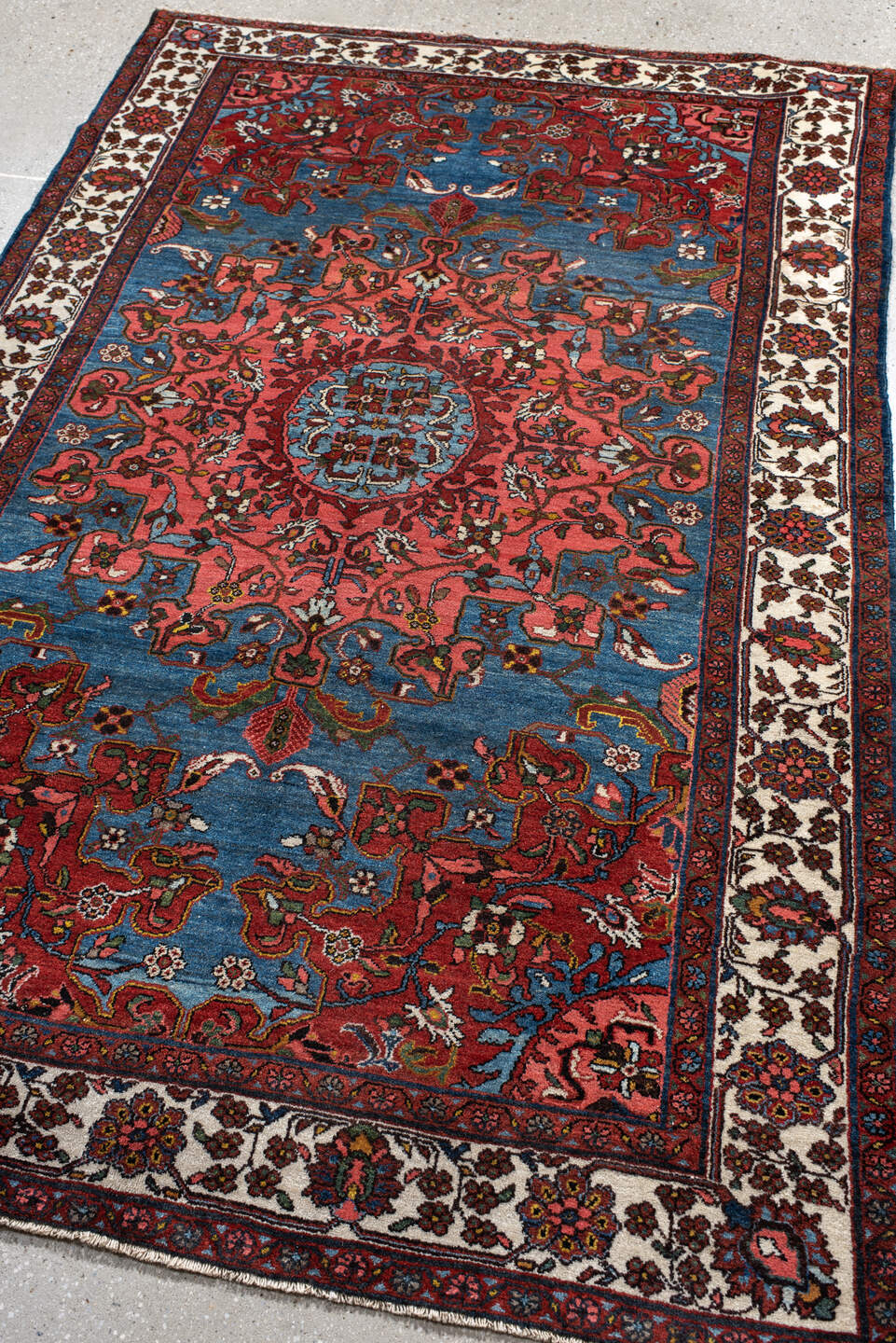 4' x 6' one-of-a-kind handmade antique Malayer small size rug. Color palette: sky blue, rust, ivory, rose, navy, burgundy