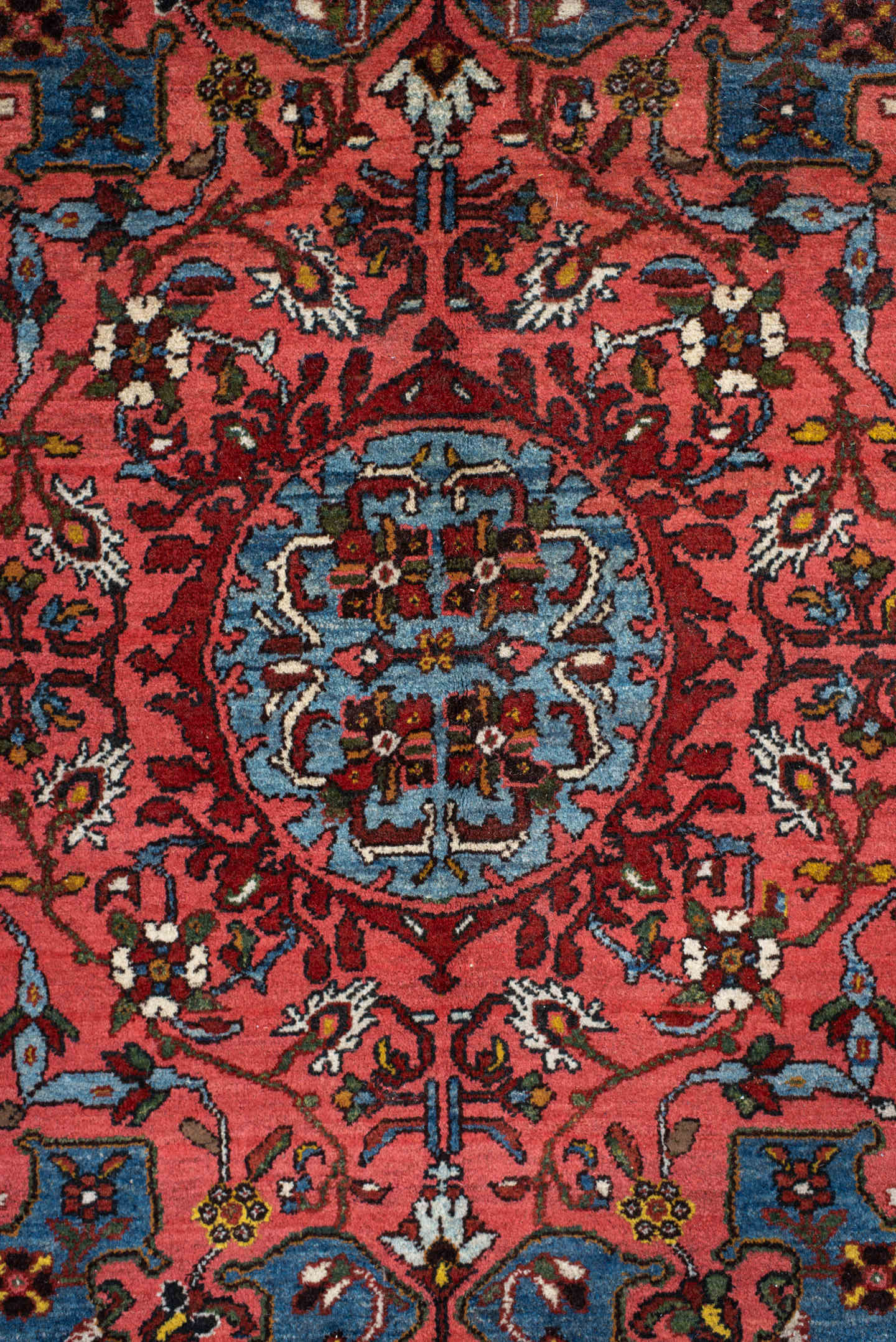 4' x 6' one-of-a-kind handmade antique Malayer small size rug. Color palette: sky blue, rust, ivory, rose, navy, burgundy