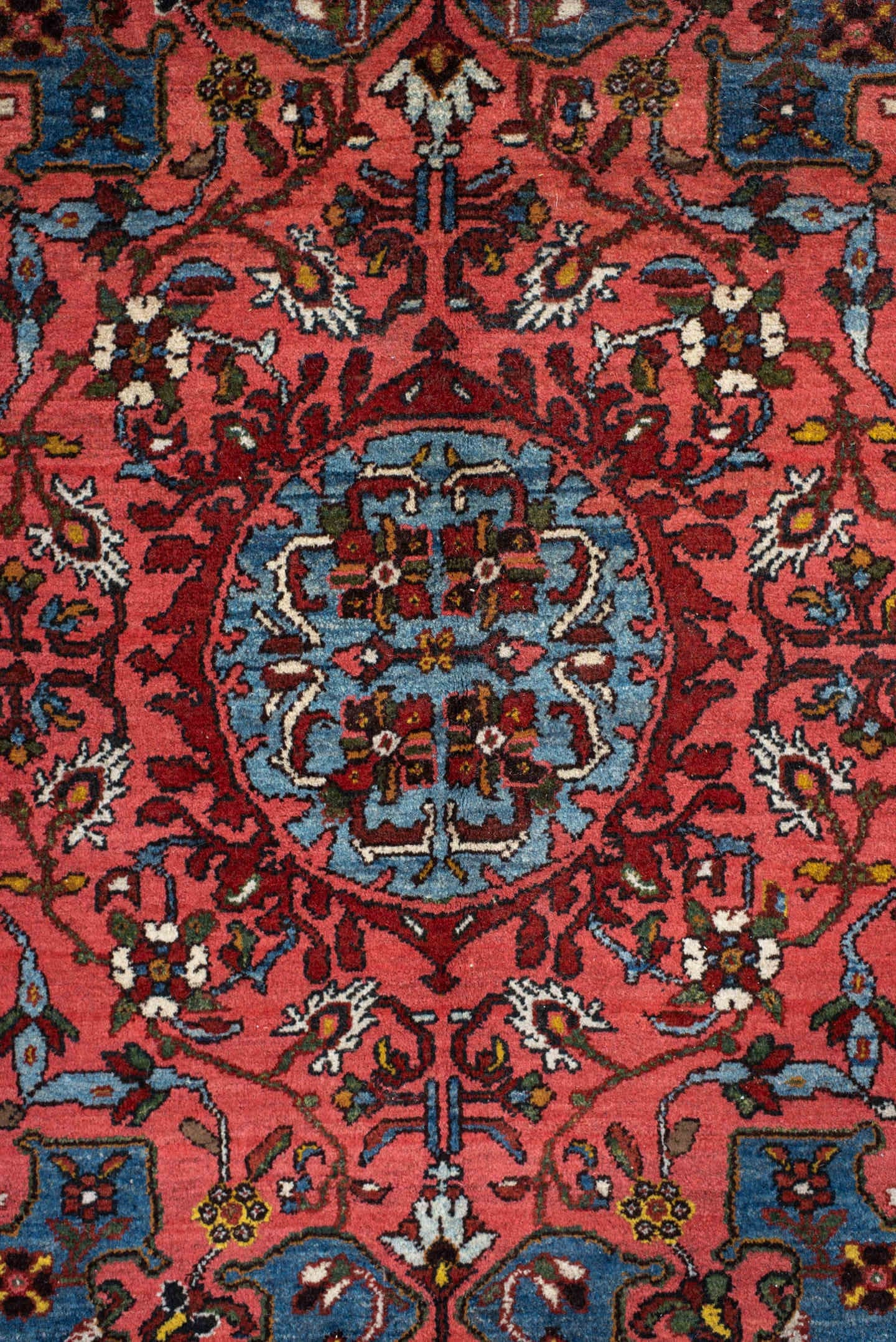 4' x 6' one-of-a-kind handmade antique Malayer small size rug. Color palette: sky blue, rust, ivory, rose, navy, burgundy