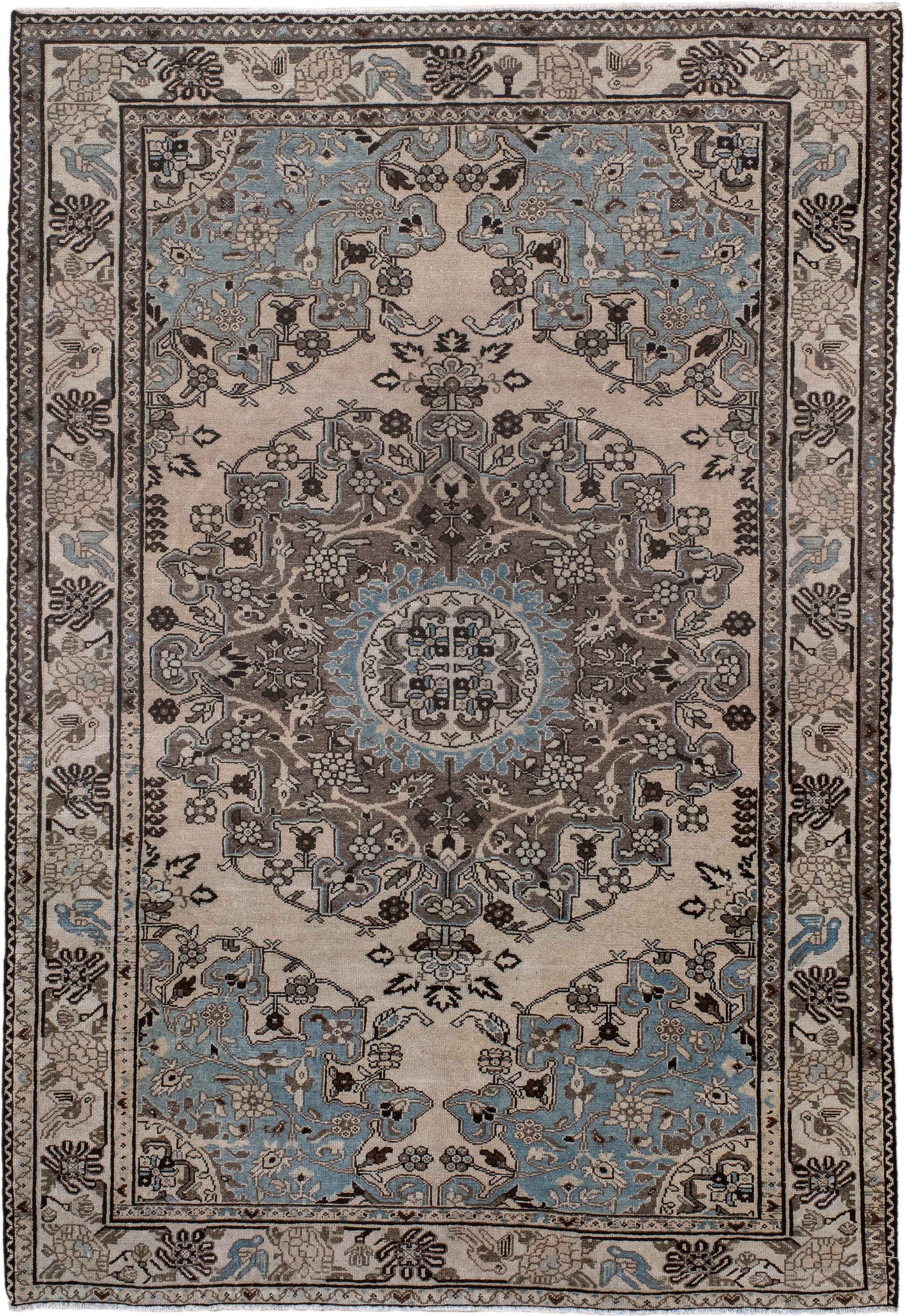 4' x 6' one-of-a-kind handmade antique Malayer small size rug. Color palette: ivory, sky blue, taupe, charcoal, brown, slate