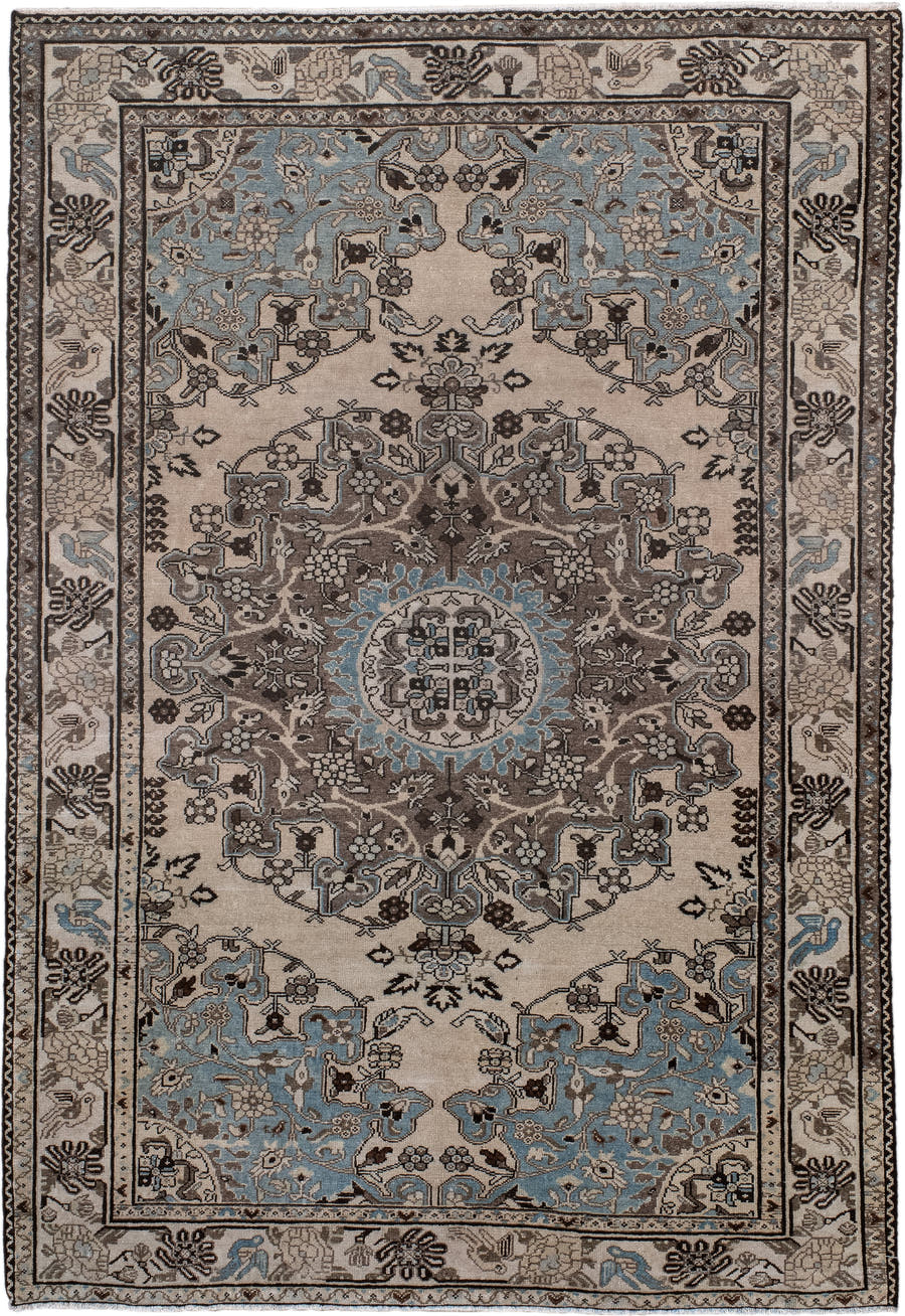4' x 6' one-of-a-kind handmade antique Malayer small size rug. Color palette: ivory, sky blue, taupe, charcoal, brown, slate