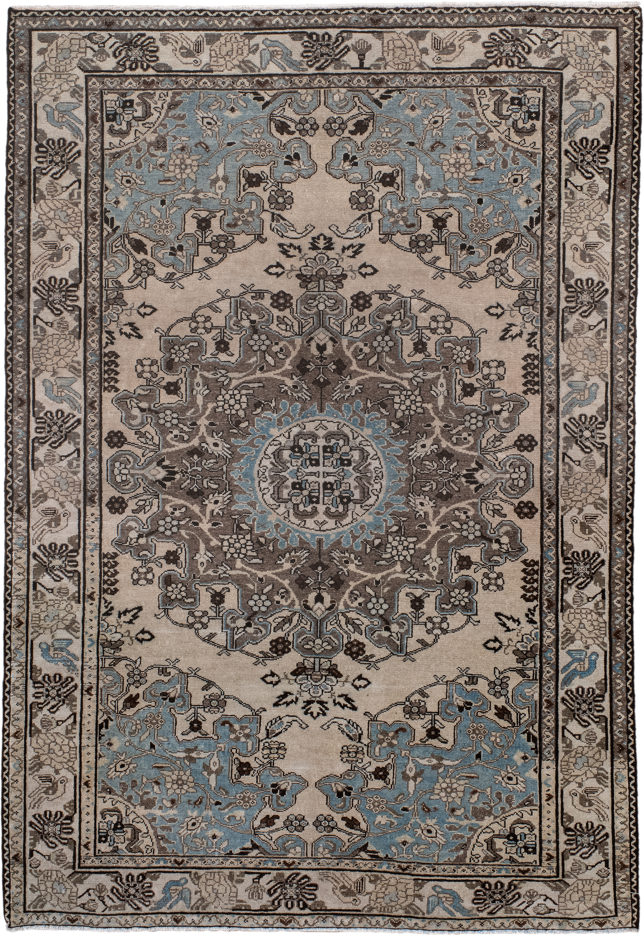 4' x 6' one-of-a-kind handmade antique Malayer small size rug. Color palette: ivory, sky blue, taupe, charcoal, brown, slate