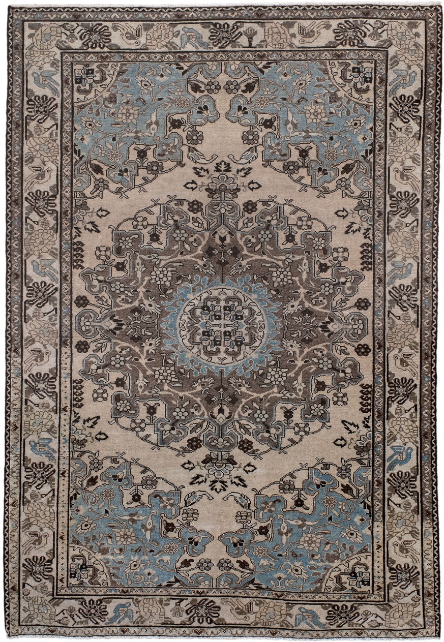 4' x 6' one-of-a-kind handmade antique Malayer small size rug. Color palette: ivory, sky blue, taupe, charcoal, brown, slate