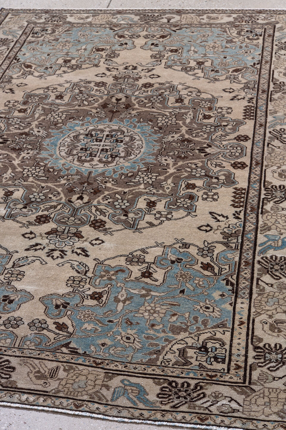 4' x 6' one-of-a-kind handmade antique Malayer small size rug. Color palette: ivory, sky blue, taupe, charcoal, brown, slate