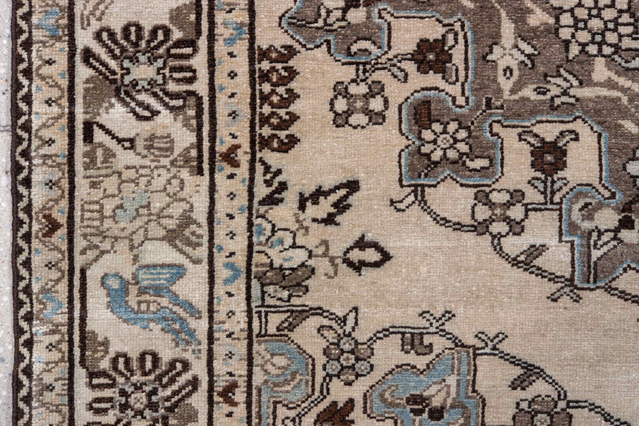 4' x 6' one-of-a-kind handmade antique Malayer small size rug. Color palette: ivory, sky blue, taupe, charcoal, brown, slate