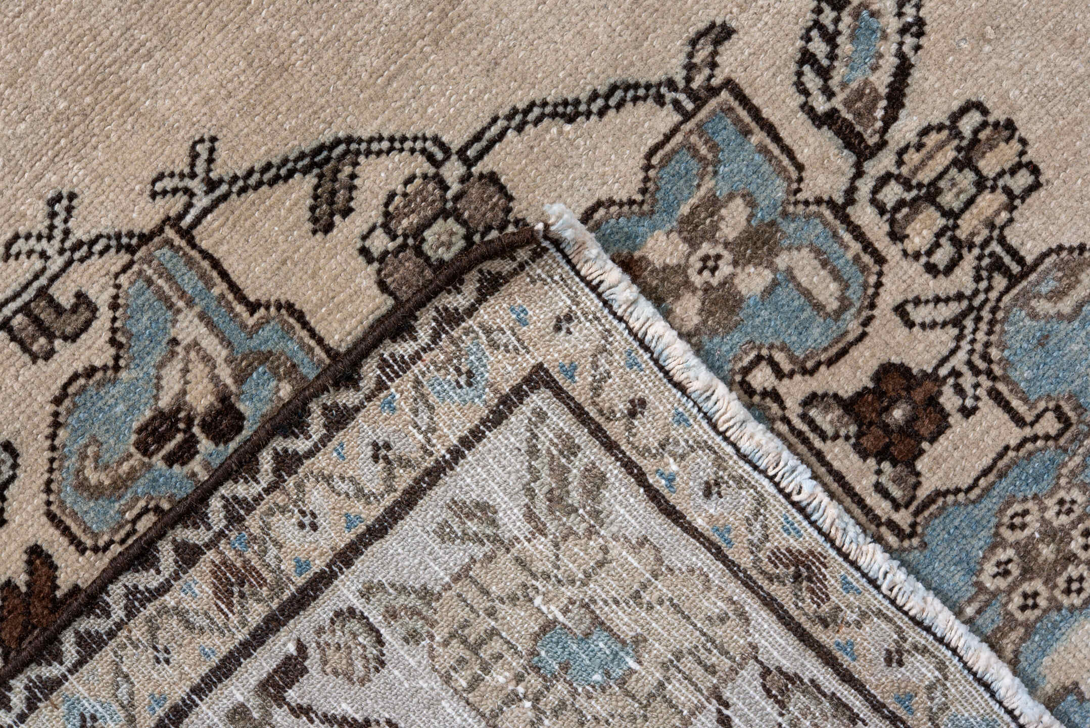 4' x 6' one-of-a-kind handmade antique Malayer small size rug. Color palette: ivory, sky blue, taupe, charcoal, brown, slate