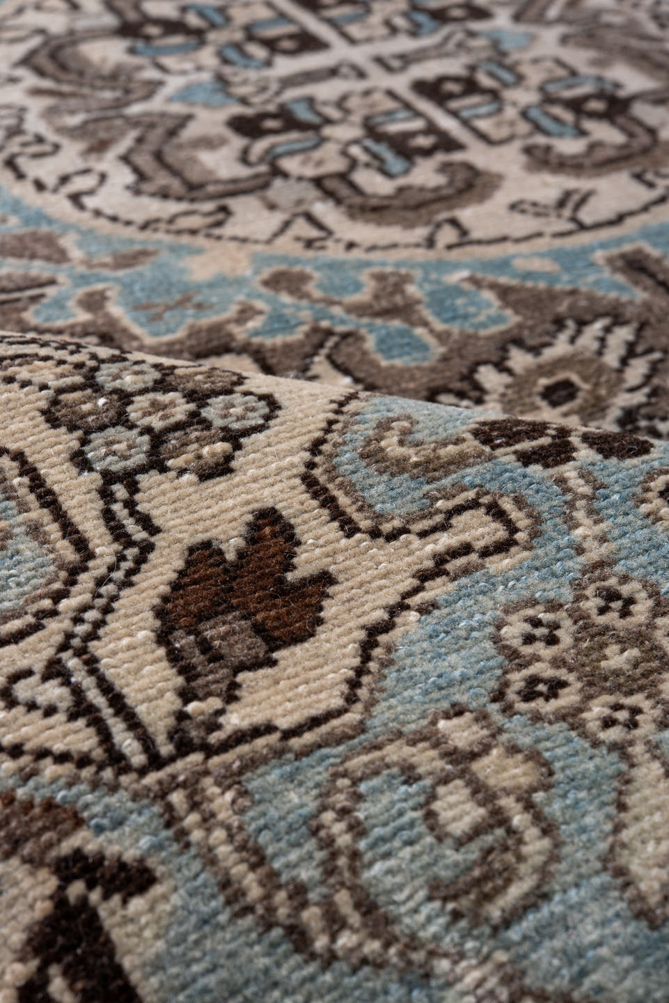 4' x 6' one-of-a-kind handmade antique Malayer small size rug. Color palette: ivory, sky blue, taupe, charcoal, brown, slate