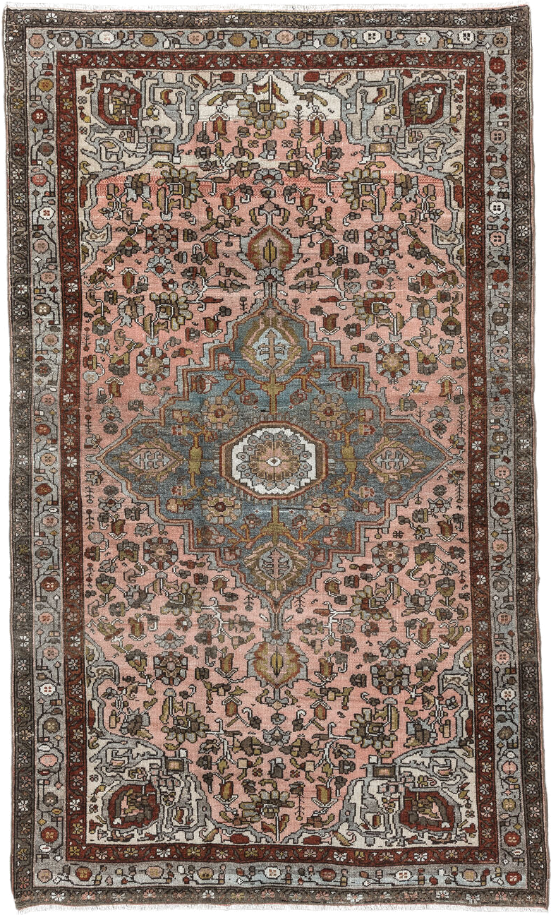 4' x 7' one-of-a-kind handmade antique Malayer rug. Color palette: rose, slate, ivory, rust, charcoal, sage, gold, taupe
