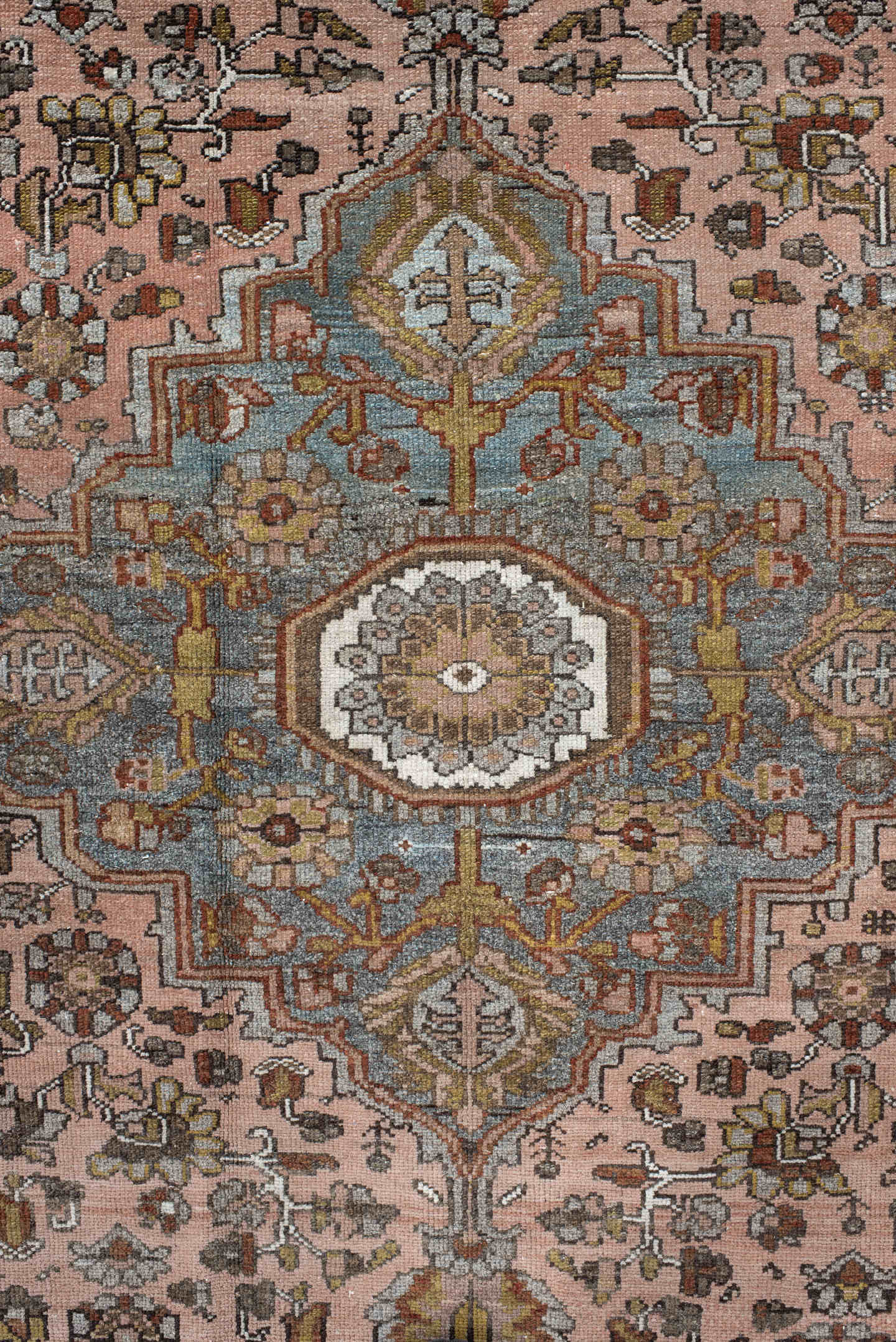 4' x 7' one-of-a-kind handmade antique Malayer rug. Color palette: rose, slate, ivory, rust, charcoal, sage, gold, taupe