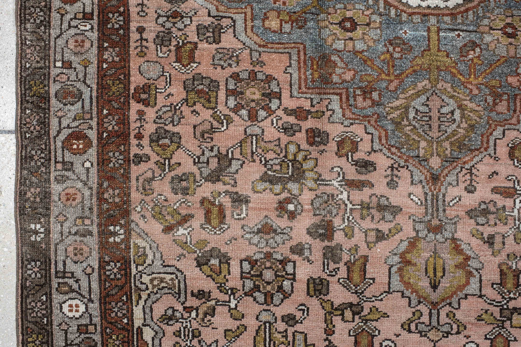 4' x 7' one-of-a-kind handmade antique Malayer rug. Color palette: rose, slate, ivory, rust, charcoal, sage, gold, taupe